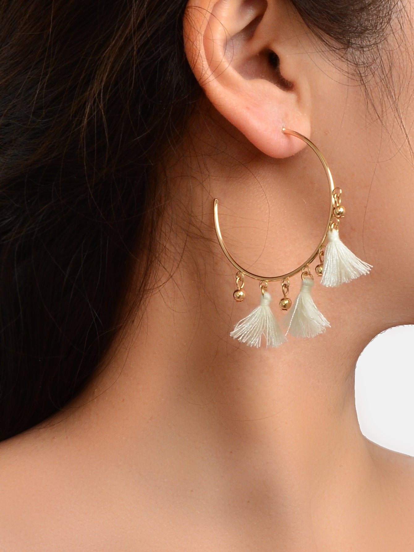 Ethnic Jewellery Boho Chic White Tassel Gold Circle Huggie Hoop Trendy Earrings-1