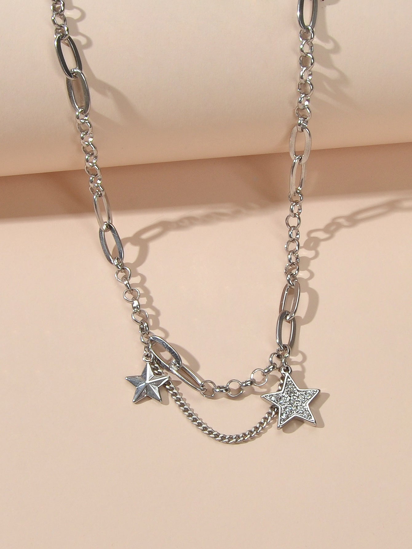 Retro Silver Trendy Paperclip Chain Rhinestone Star Charm Short Collar Necklace-2