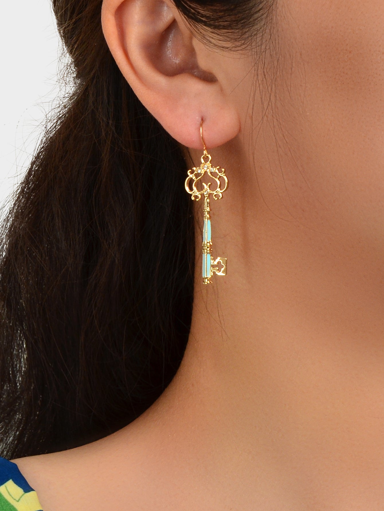 Personality Gold Colour Blue Enamel Dangling Drop Magic Key Earrings Party Gift-1