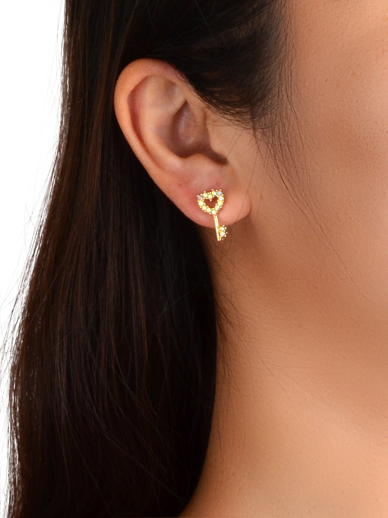 Asymmetrical Design Gold Plated Heart Key Lock Stud Earrings Women Dainty Gifts-1