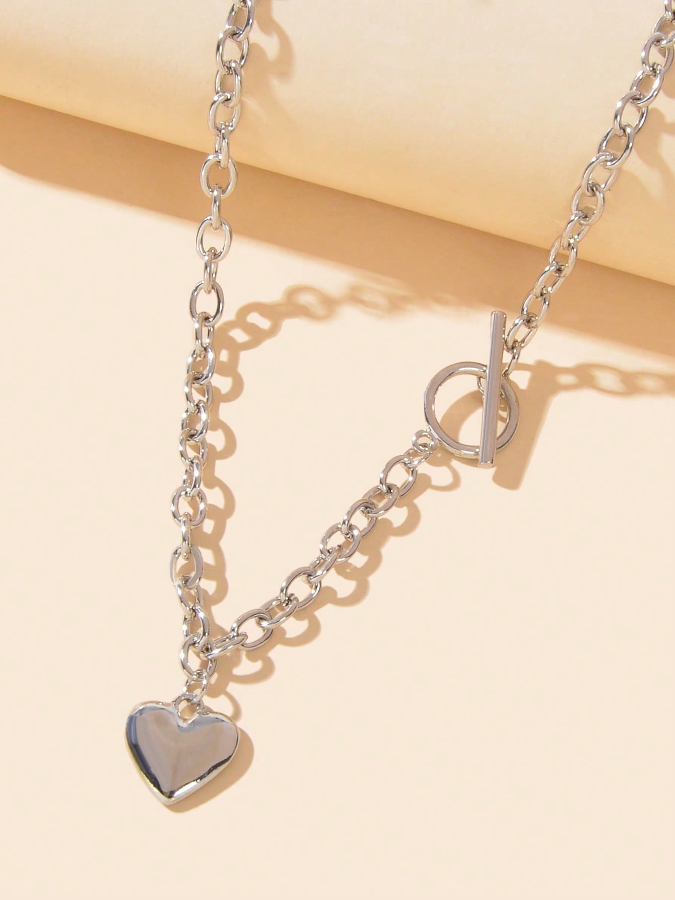 Silver Heart Pendant OT Clasp Necklace Elegant Statement Long Chain Jewelry-2
