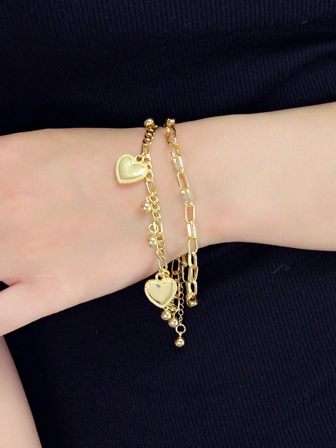 Ladies Jewellery Double layer Gold Silver Paperclip Chain Beads Heart Bracelet-1
