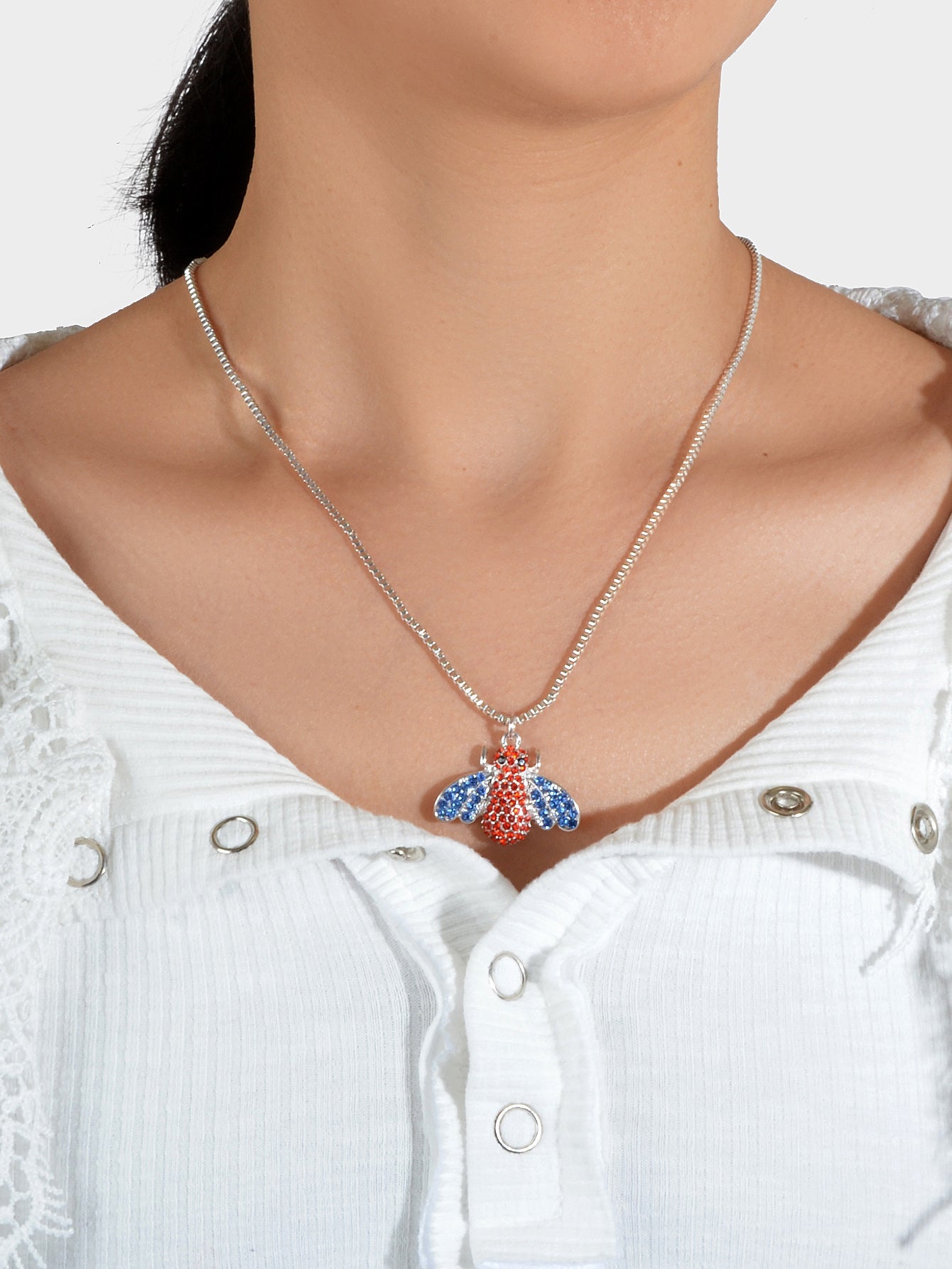 Birthday Gifts Silver Chain Red Blue Rhinestone Bee Pendant Necklace Jewellery-1