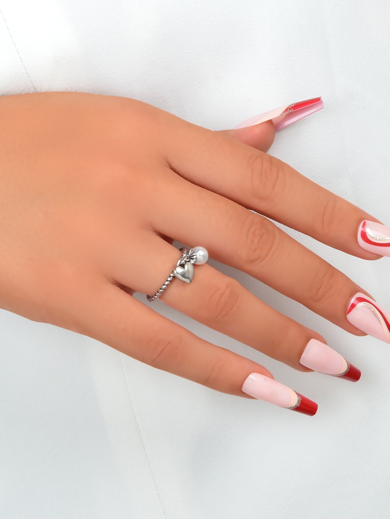 Vintage Silver Statement Antique Pearl Heart Charm Open Cuff Ring Women's Band-1