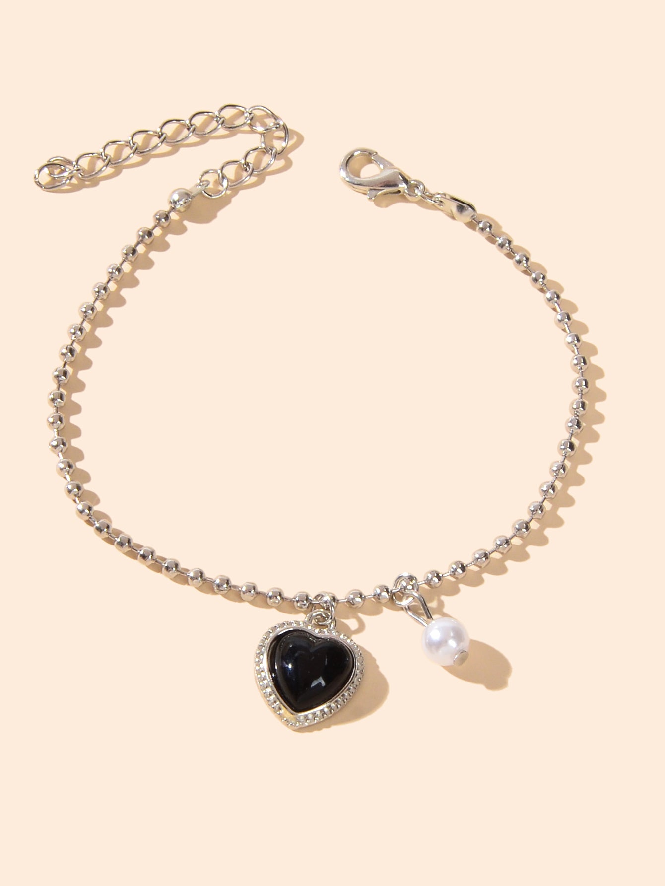 Girlfriend Gift Jewellery Silver Popcorn Chain Pearl Black Heart Charm Bracelets-1