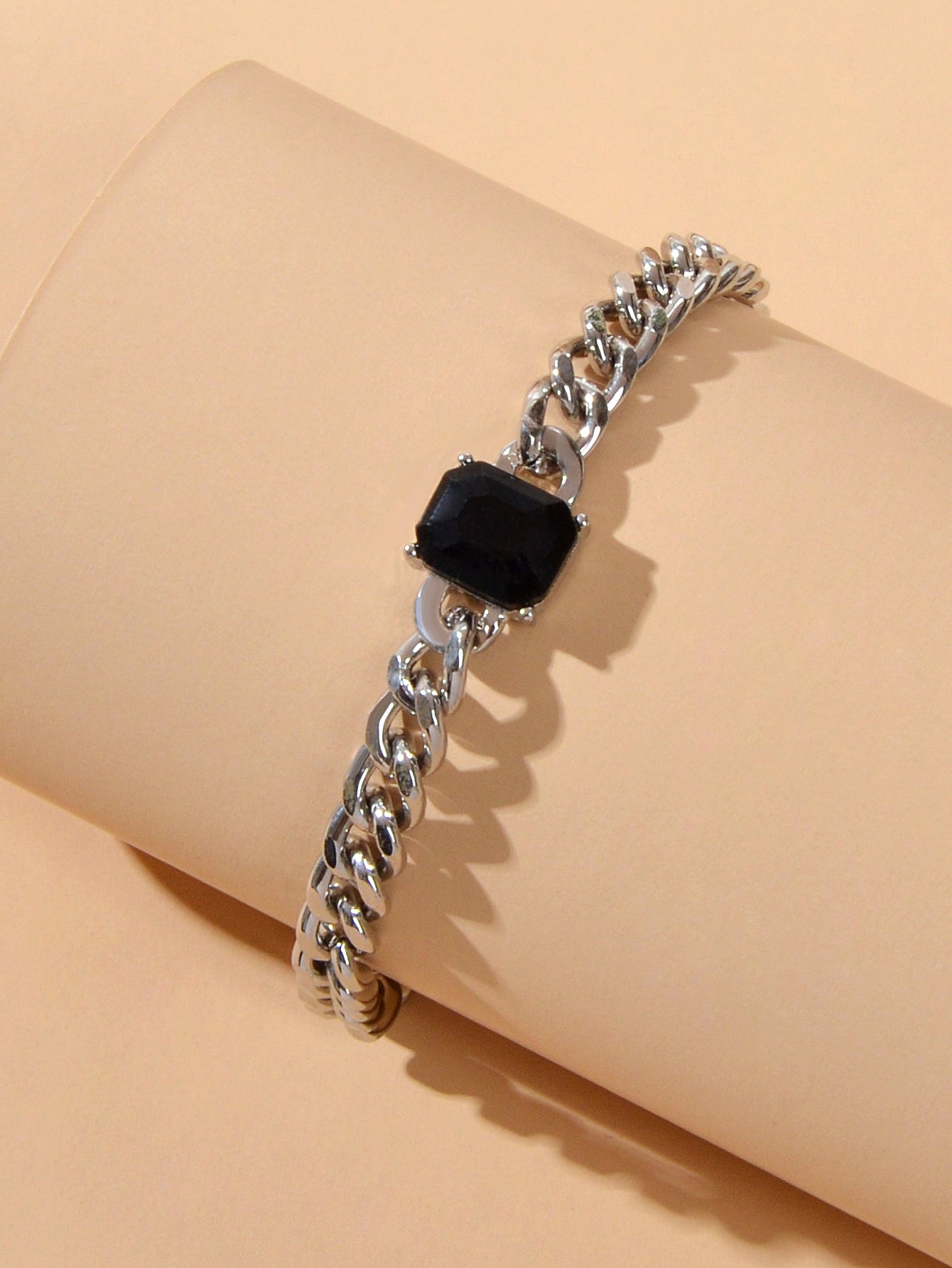 Cool Women Accessories Black Acrylic Crude Silver Metal Link Chain Bracelet Gift-2