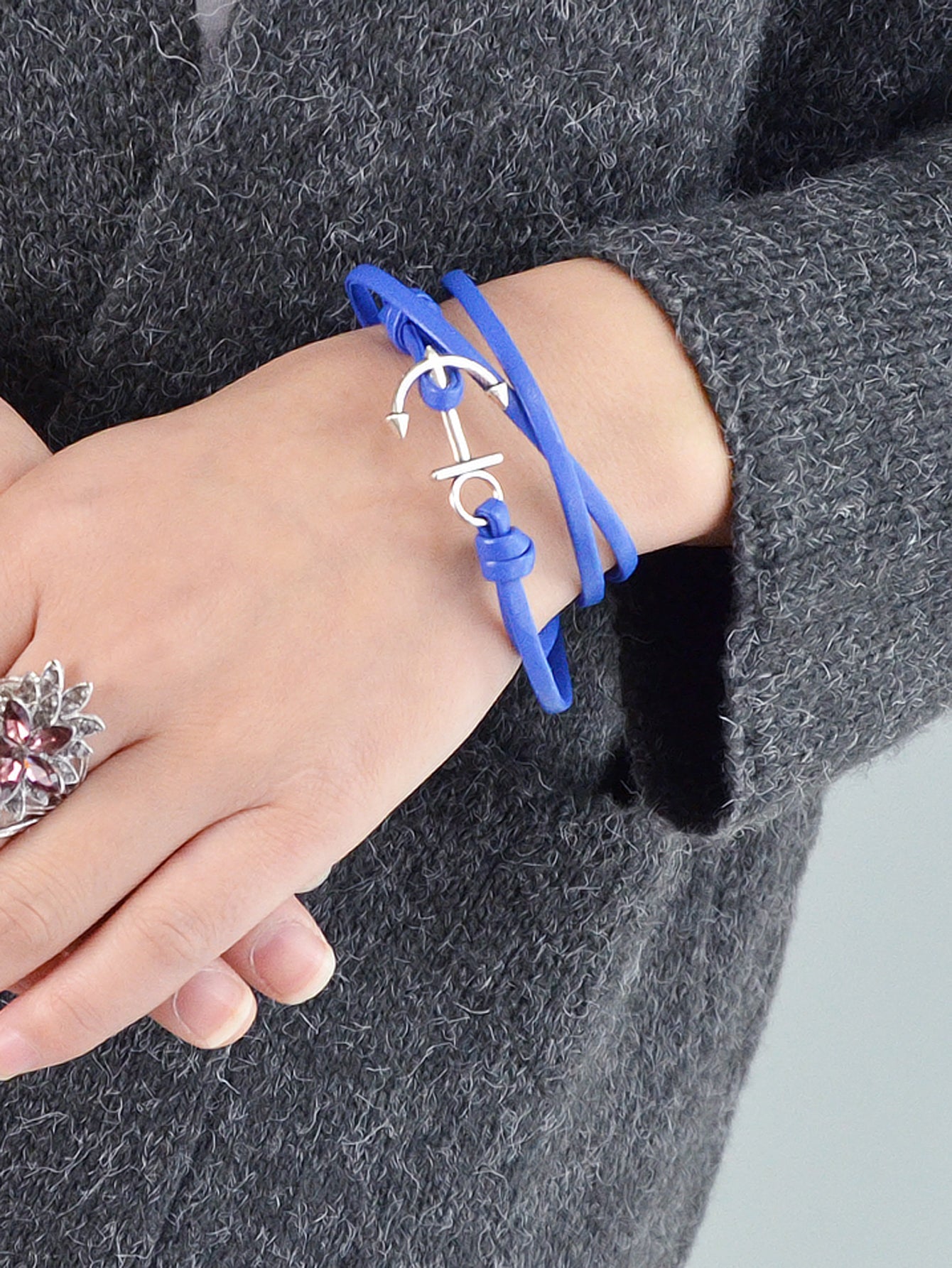 Nautical Jewelry Black Blue Pu Leather Anchor Wrap Bracelet Women Men Wristbands-4