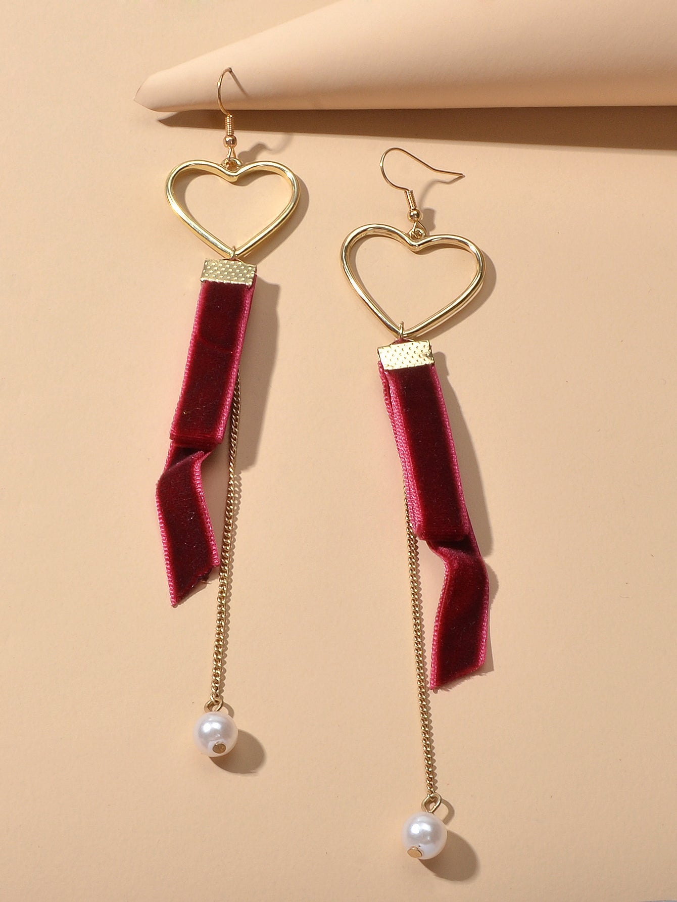 Gold Heart Velvet Decor Pearl Charm Long Chain Pendant Earrings Retro Jewellery-1
