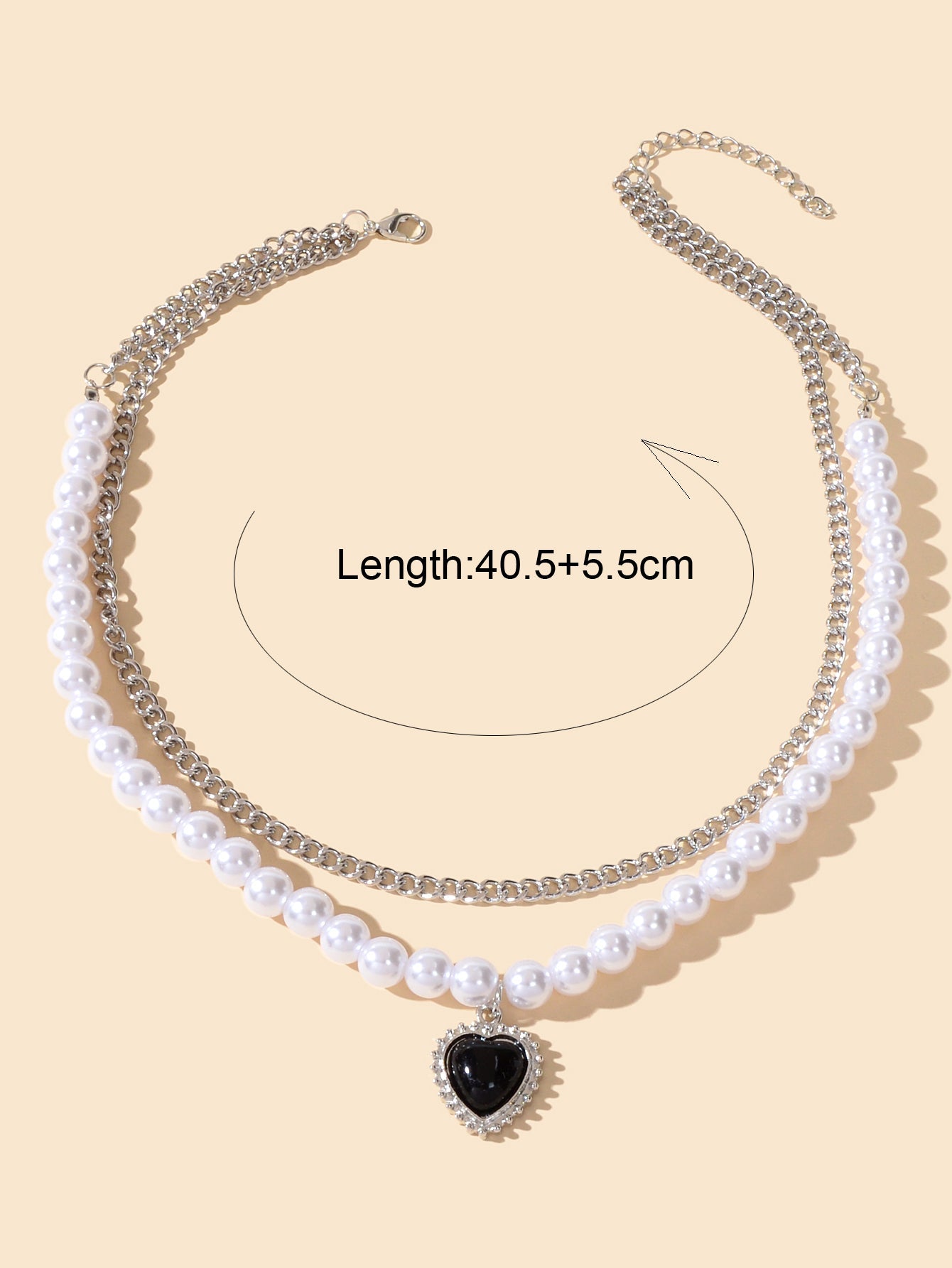 Textured Double layer Silver Pearl Chain Black Heart Necklace Retro Jewellery-1