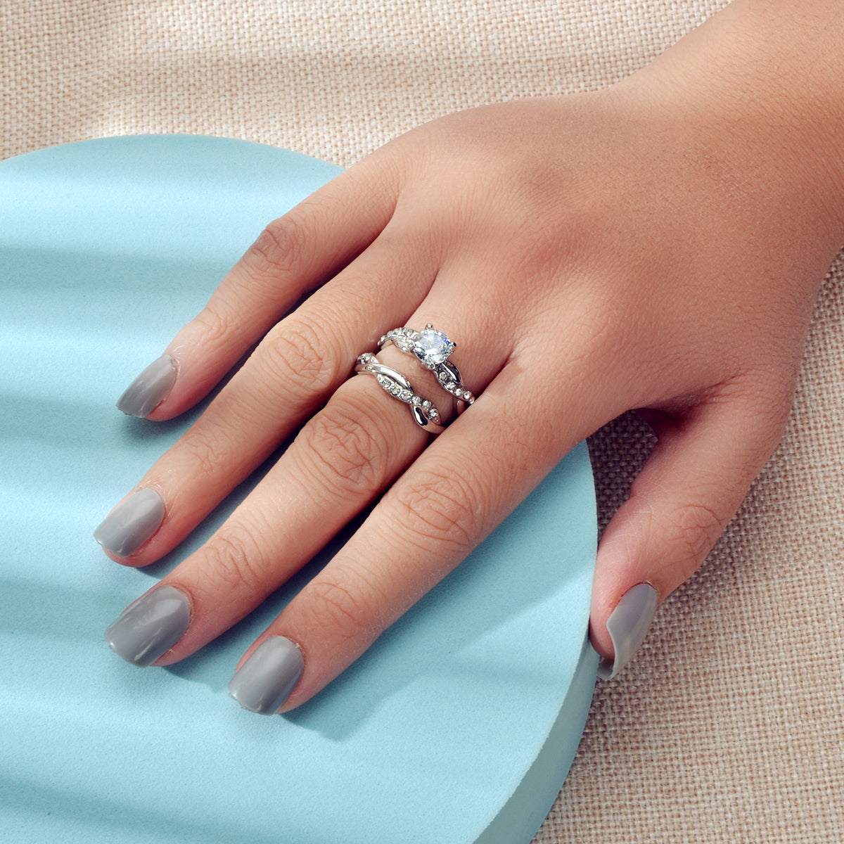 2pcs Luxury Women Band Simulated Diamond Silver Finger Wedding Engagement Ring-1