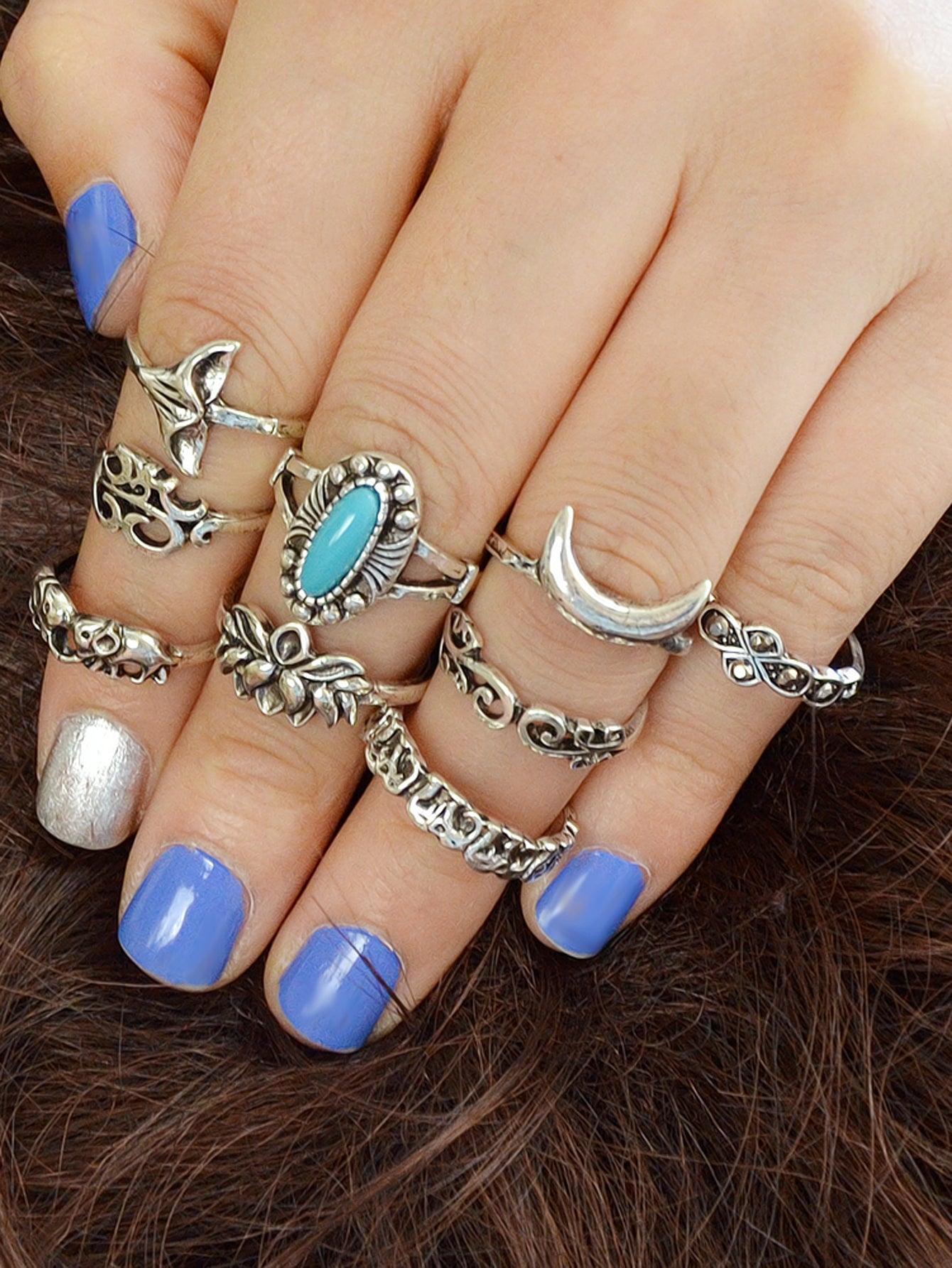 Stackable 9pcs Tribal Ethnic Lotus Elephant Moon Flower Multiple Bulk Rings set-4