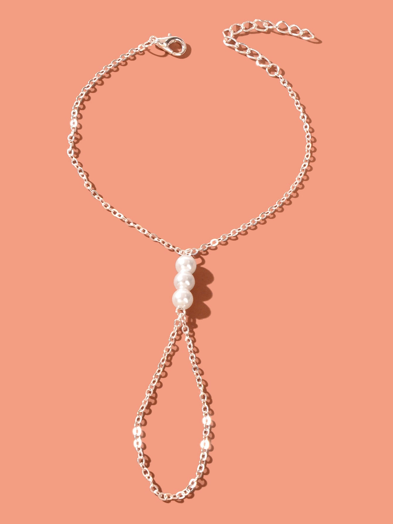 Boho Silver Hand Chain Finger Ring Harness Adjustable Slave Bracelet with Pearl-1