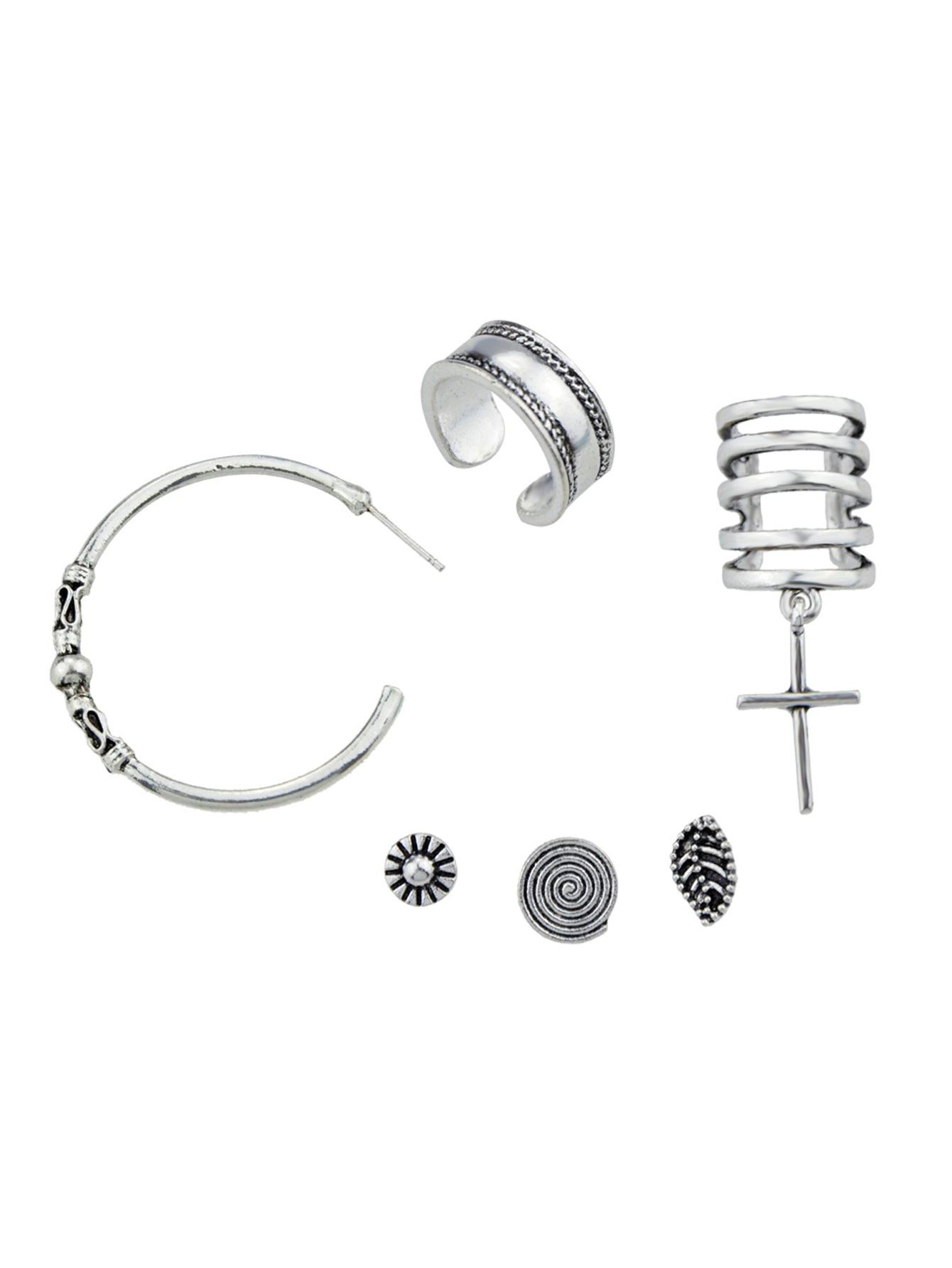 6 pcs Tribal Ethnic Antique Circle Cross Oxidized Intricate Hoop Stud Ear Cuff-1