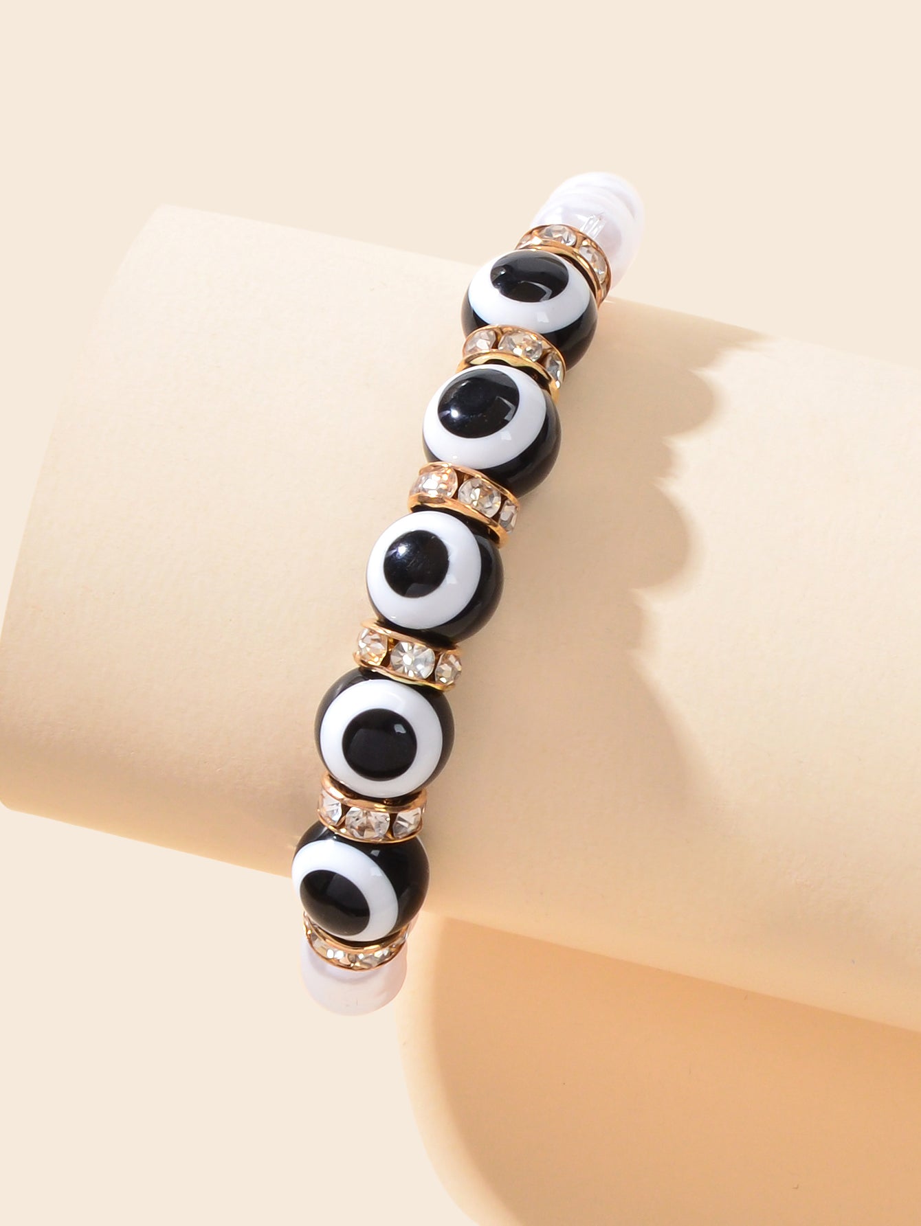 Creative Accessories Rhinestone Decor Black White Beaded Women Bangle Bracelet-2