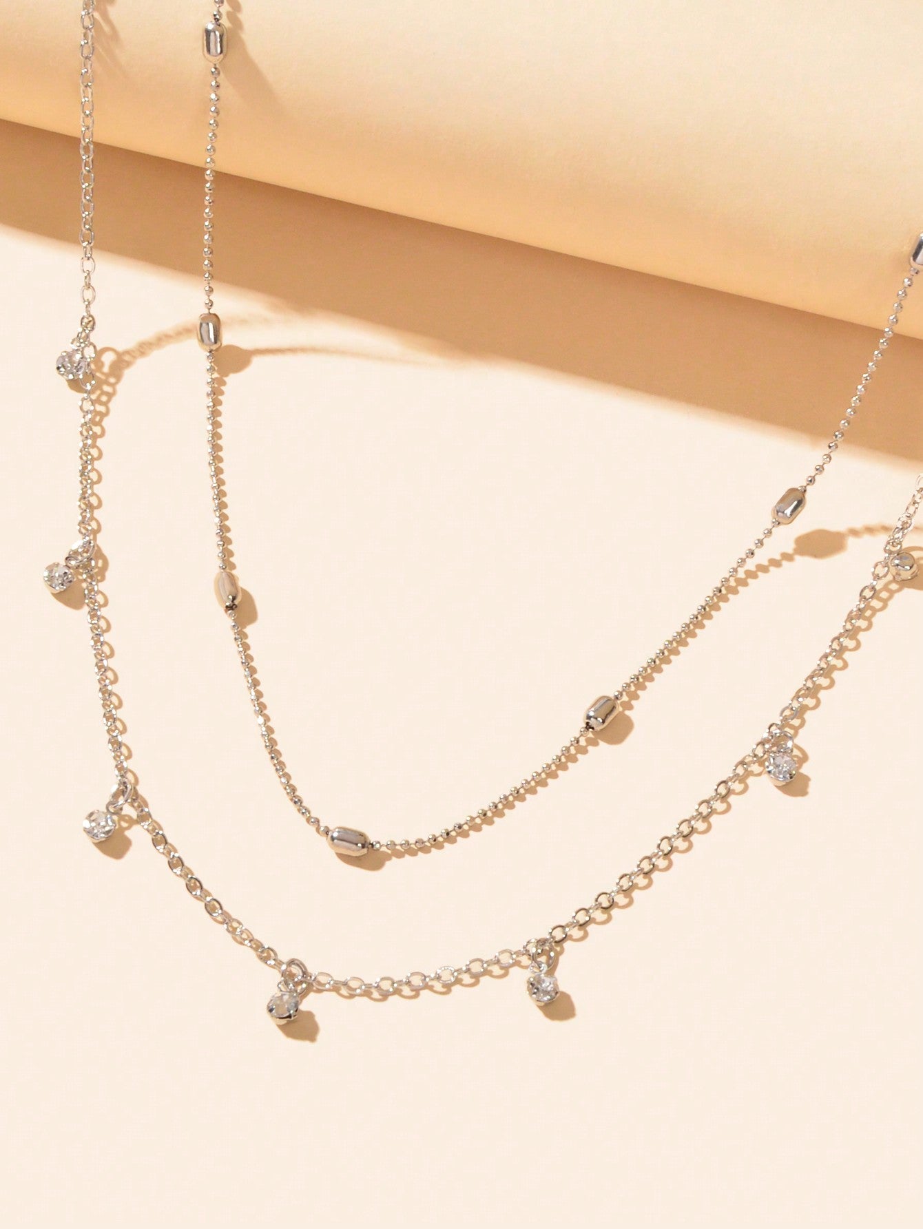 Sparkling Diamond Pendant Double Layer Silver Necklace Elegant Statement Jewelry-2