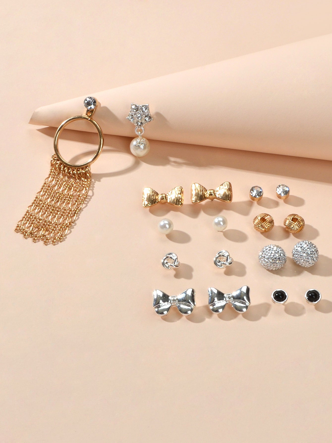 9 pairs Bowknot Rhinestone Pearl Stud Flower Tassel Chain Dangle Earrings Gift-1