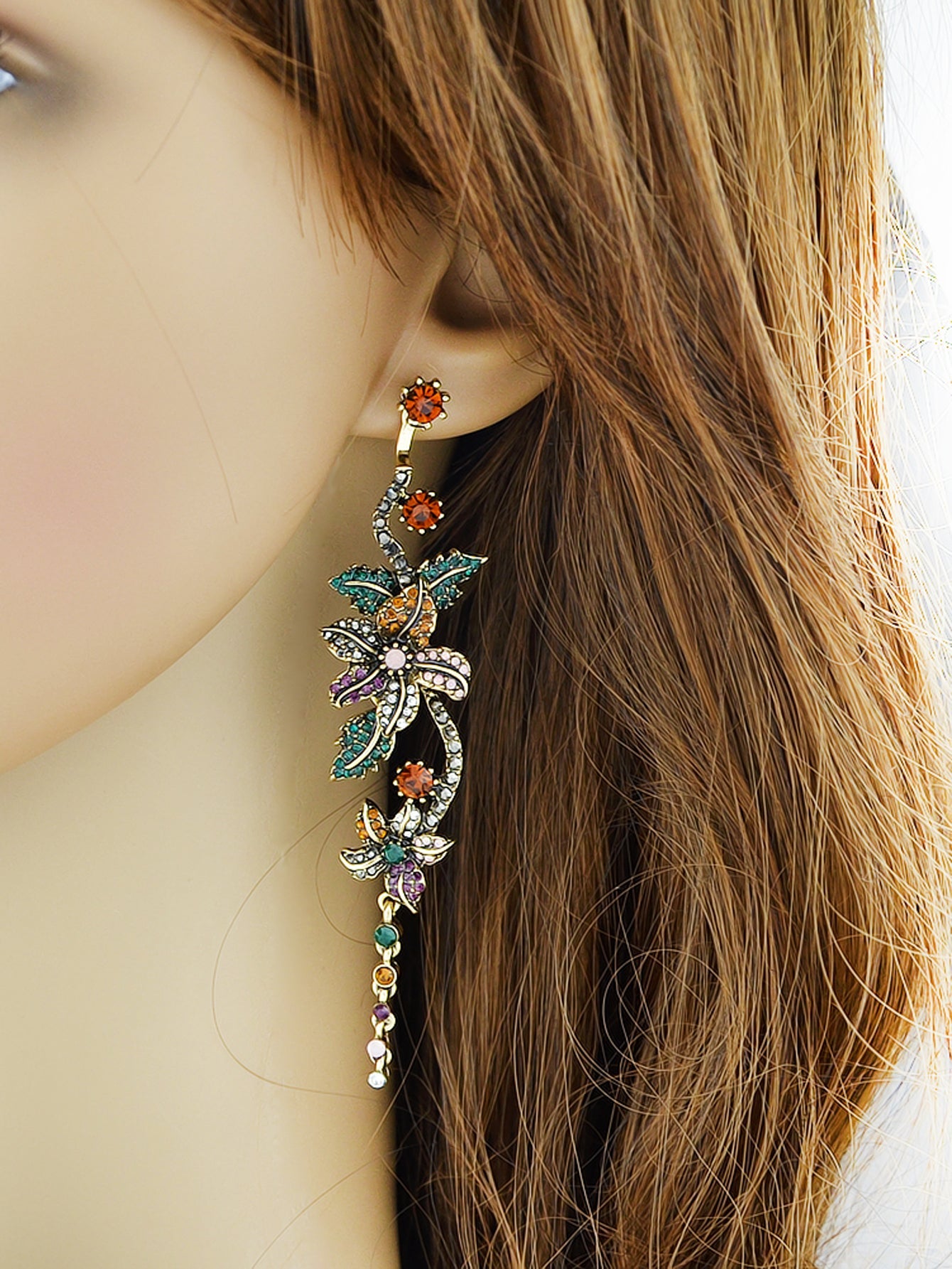 Vintage Luxurious Colourful Rhinestone Antique Gold Flower Long Pendant Earrings-1