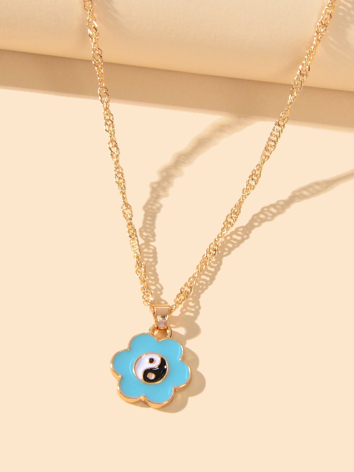 Dainty Gold Chain Yin Yang Tai Chi Blue Flower Charm Best Friends Necklace Gift-1