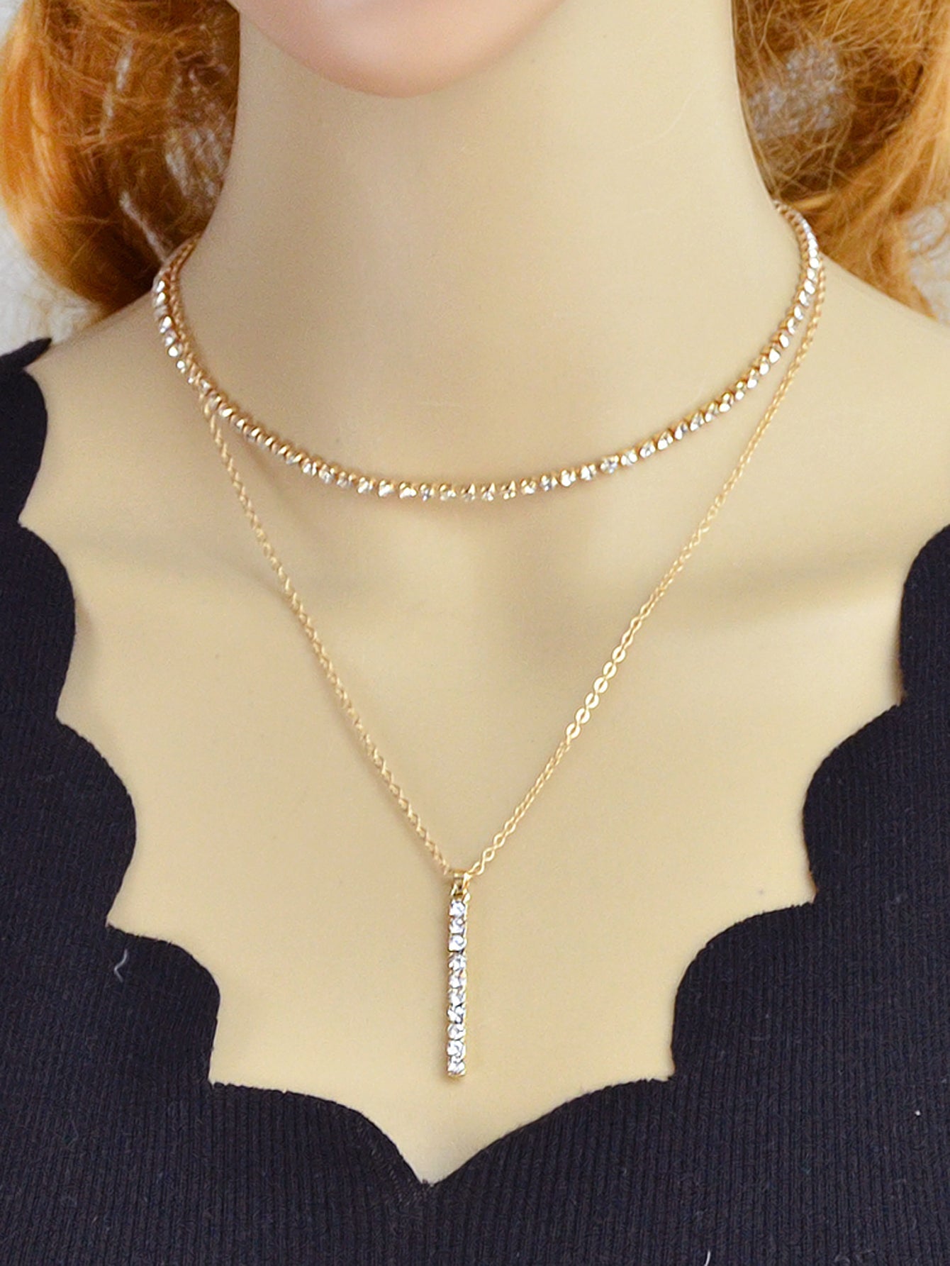 Trendy Shining Full Rhinestone Gold Silver Double layer Chain Bar Charm Necklace-4
