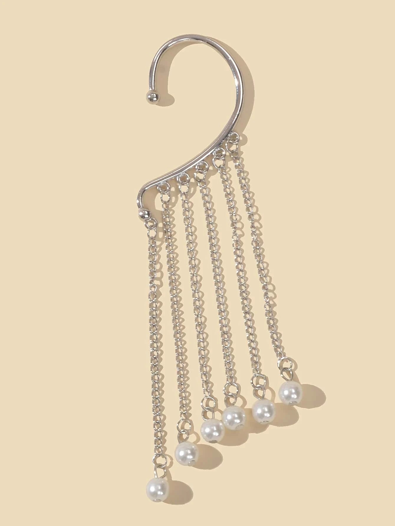 1 pc Fashion Pearl Silver Long Chain Tassel Big Ear Cuff Statement Earrings-1
