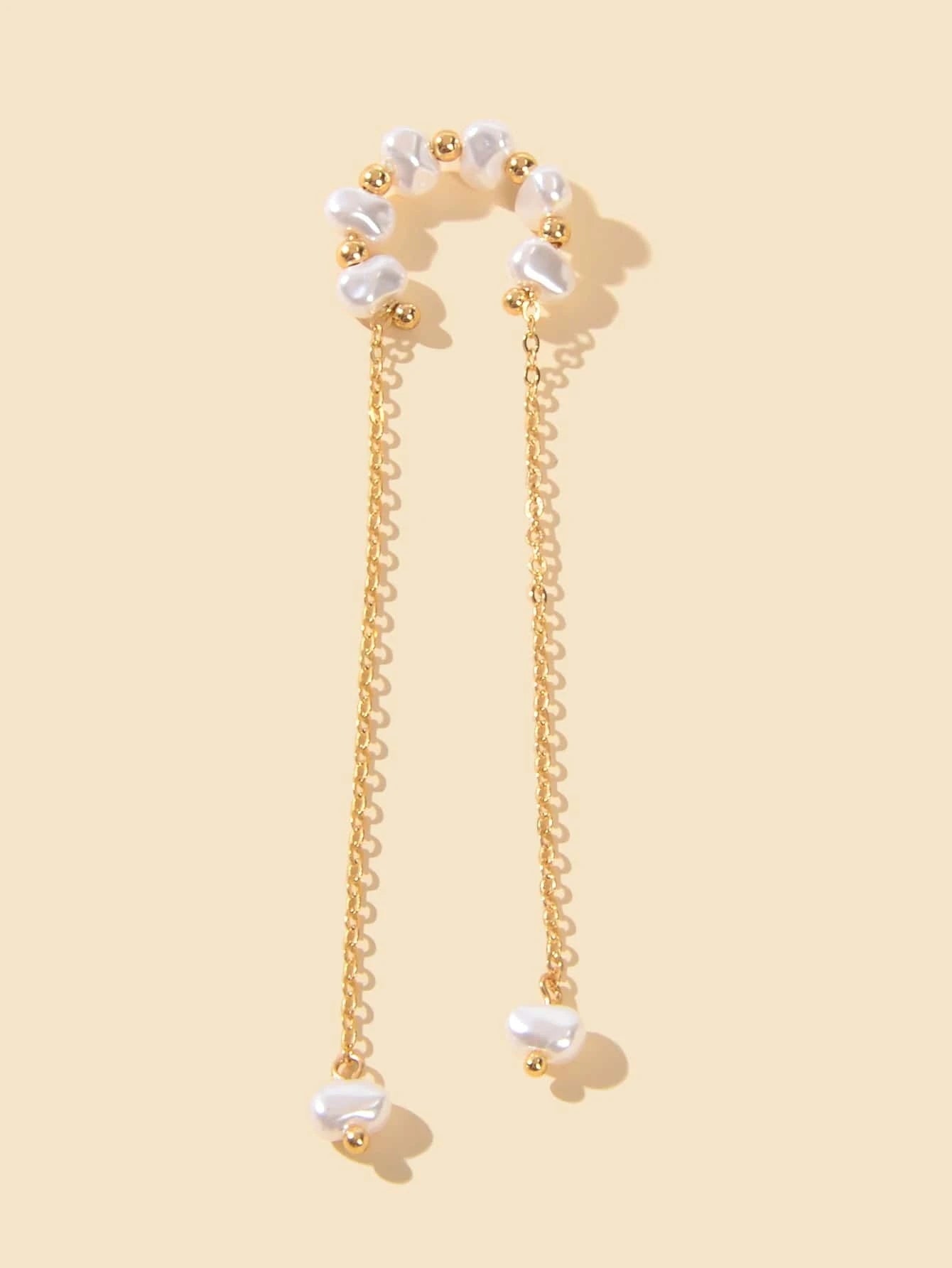 1 pc Fashion Pearl Long Gold Chain Ear Cuff Cartilage Dangle Earrings Accessory-1
