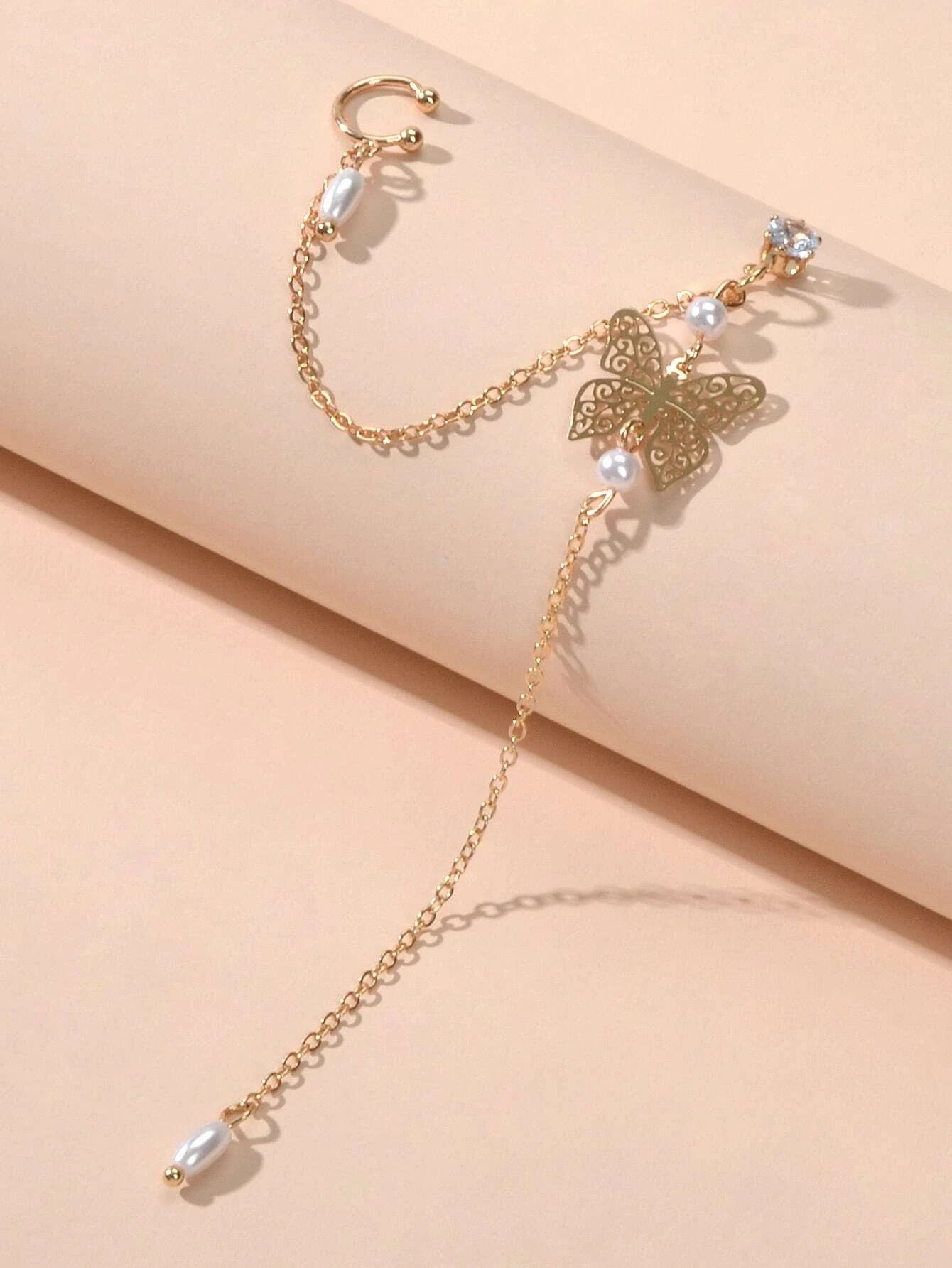 1pc Crystal Pearl Butterfly Long Chain Cartilage Stud Earring Stunning Ear Cuff-1