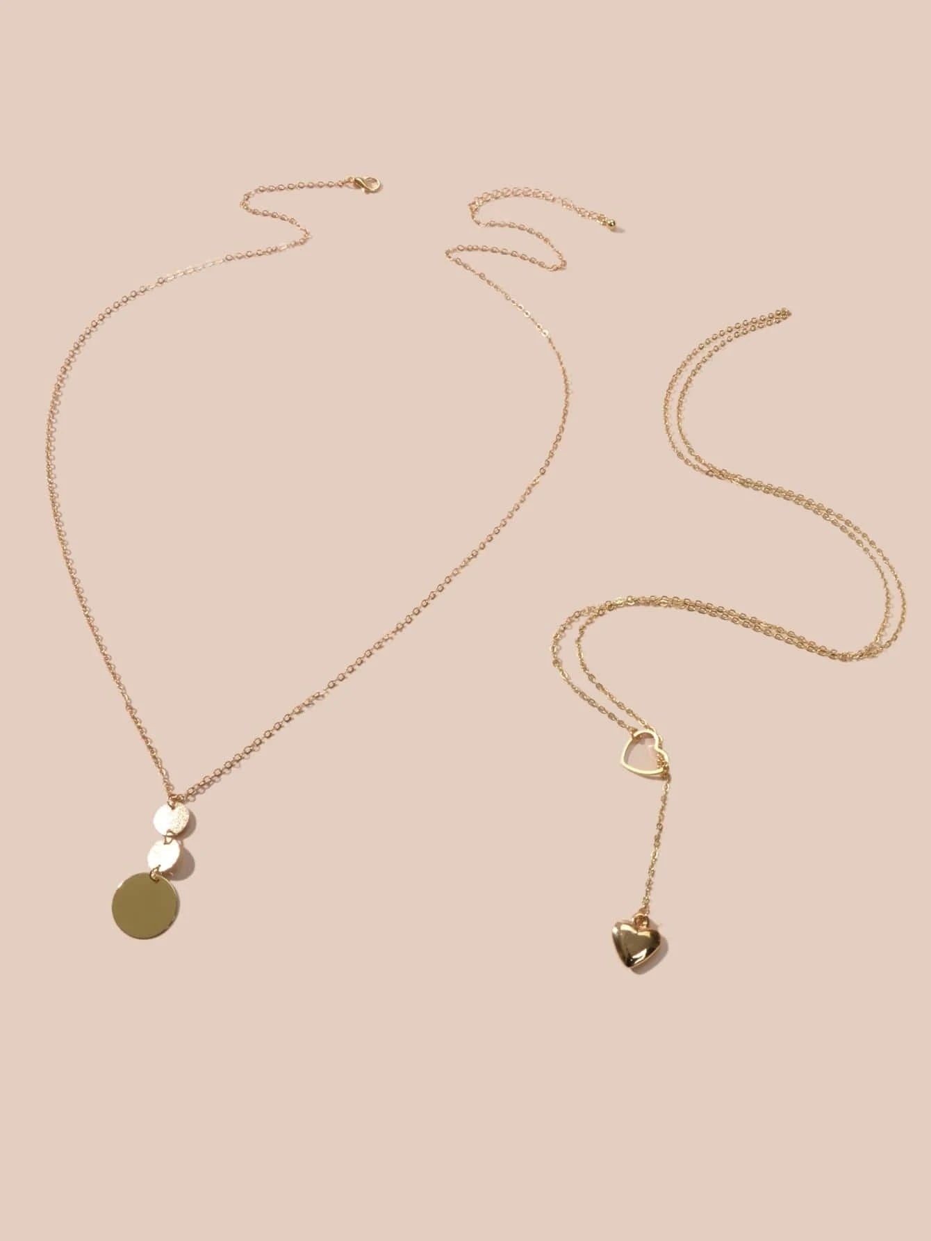 2 pcs Gold Chain Round Disc Love Heart Pendant Necklace Double Collar Women Gift-1