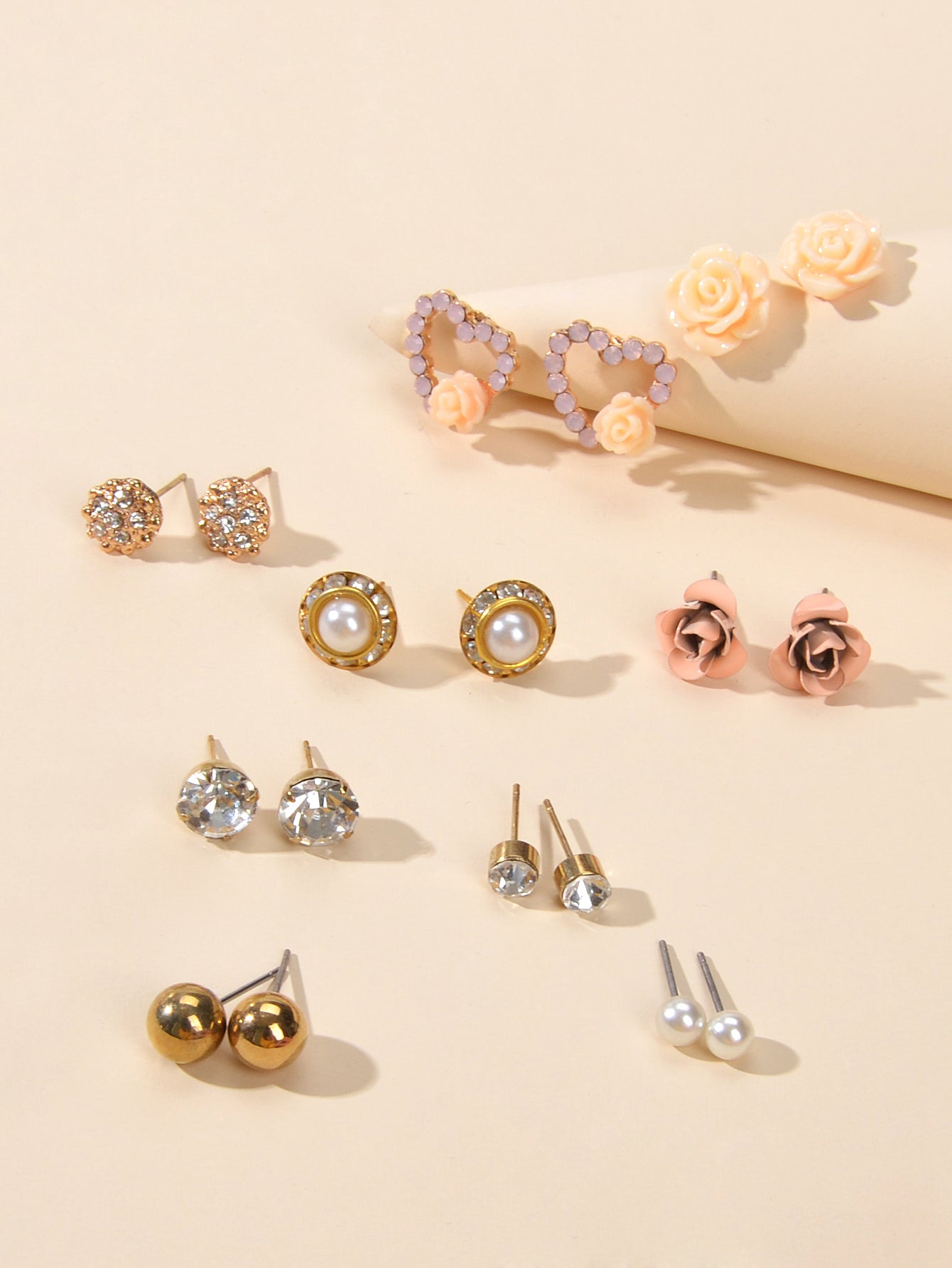 9 pairs Elegant Pearl Rhinestone Round Flower Mini Stud Piercing Earrings set-2
