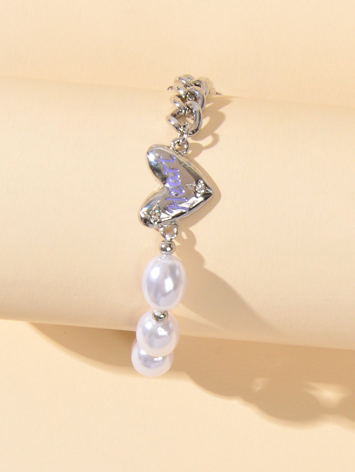 Retro Silver Pearl Beads Chain Letter Love Heart Charm Bracelet Textured Jewelry-2
