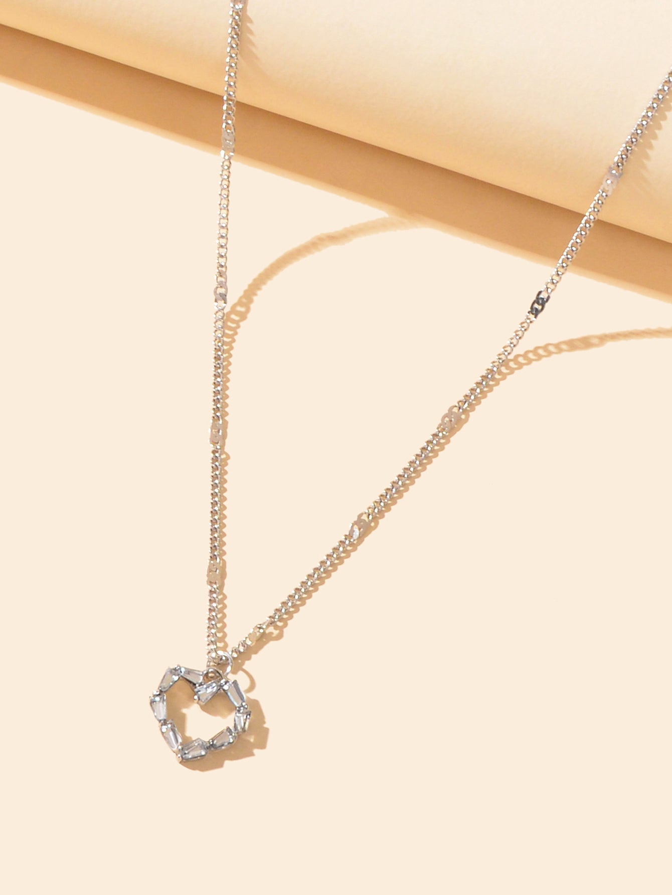 Women Dainty Gifts Silver Chain Rhinestone Heart Charm Necklace Delicate Jewelry-2