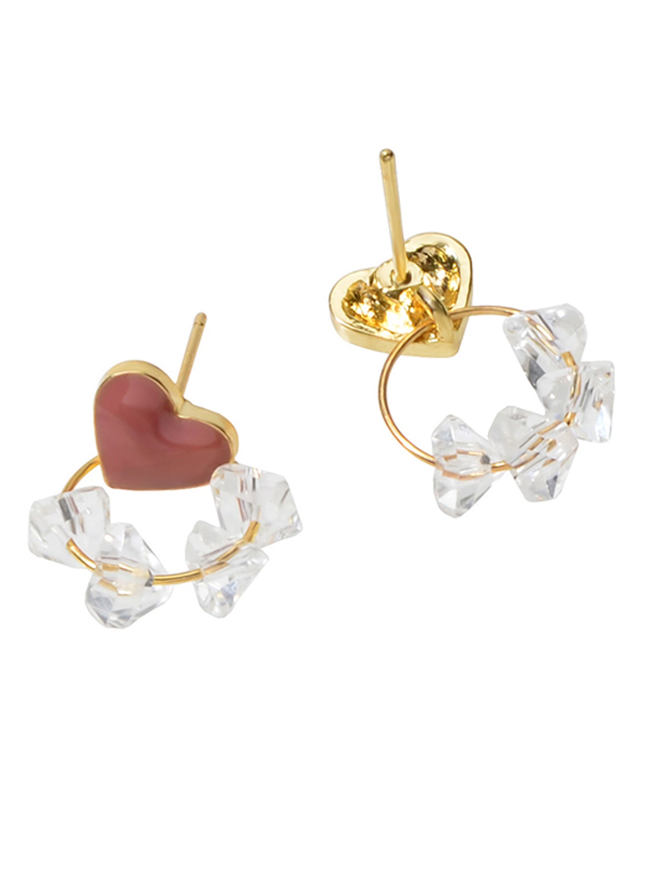 Trendy Ladies Jewellery Transparent Beads Gold Circle Red Heart Stud Earrings-5