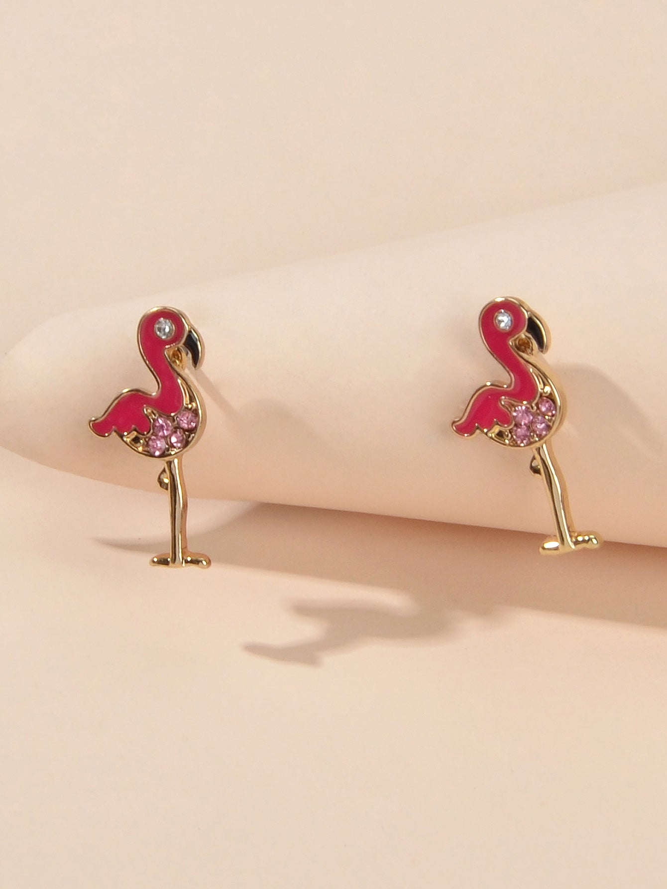 Pink Rhinestone Enamel Flamingo Bird Stud Earrings Sensitive Ears Dainty Gift-2