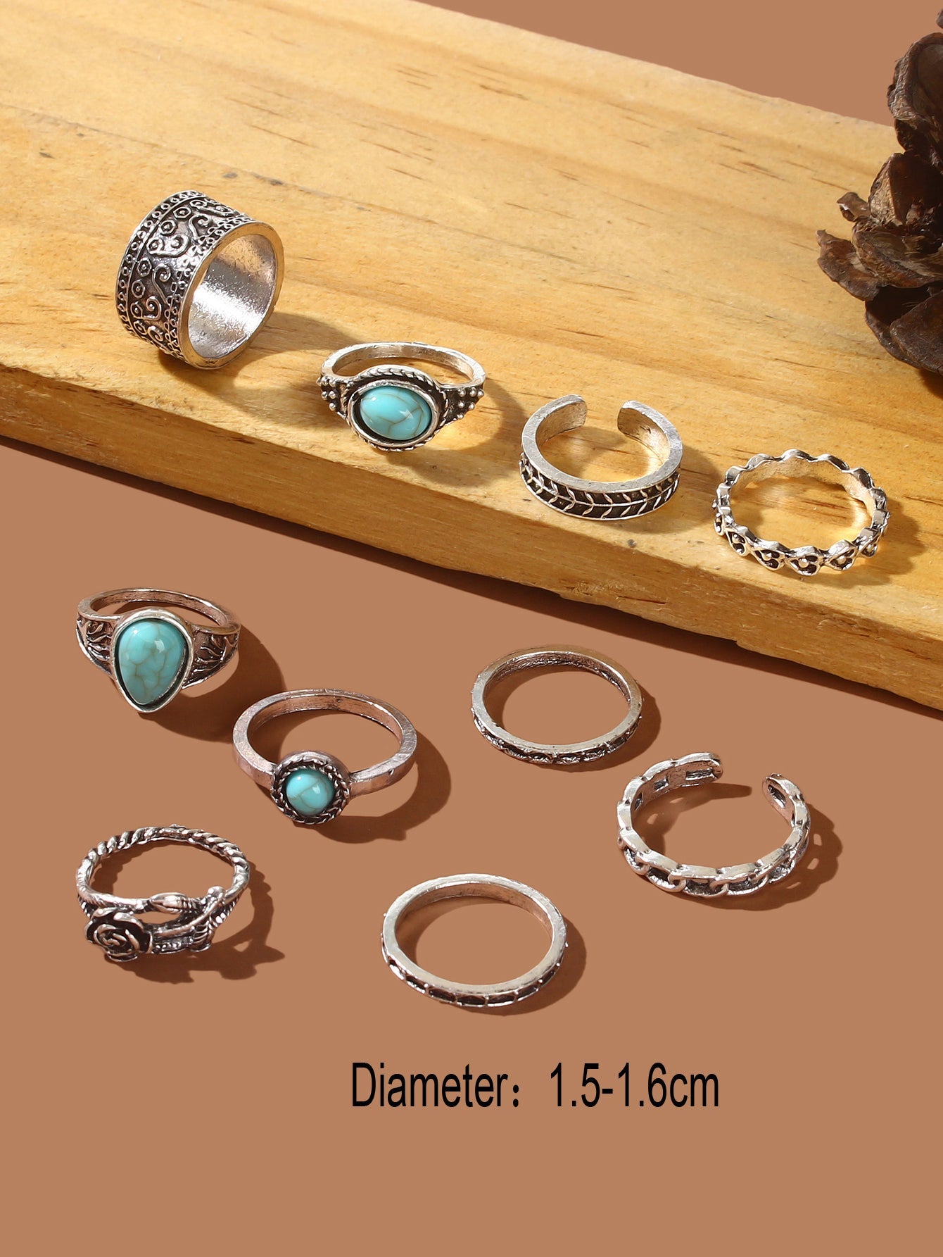 10 pcs Bohemian Antique Silver Turquoise Carved Flower Multiple Midi Rings Set-2