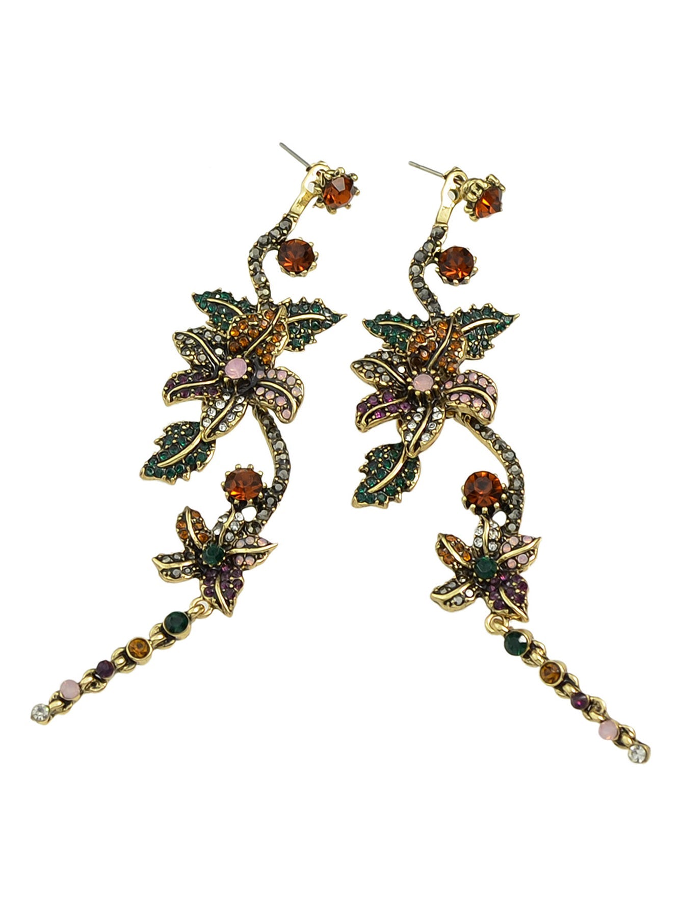 Vintage Luxurious Colourful Rhinestone Antique Gold Flower Long Pendant Earrings-2