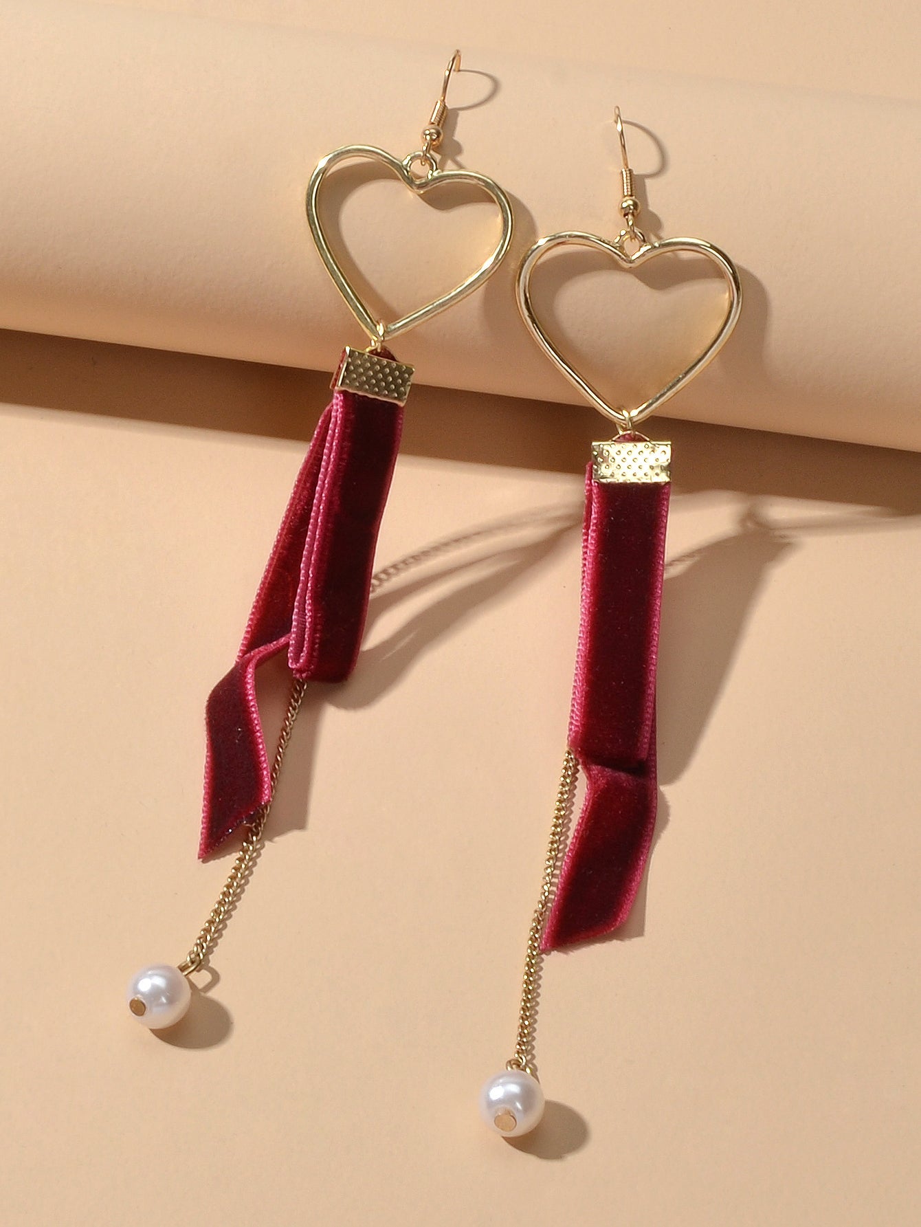 Gold Heart Velvet Decor Pearl Charm Long Chain Pendant Earrings Retro Jewellery-2