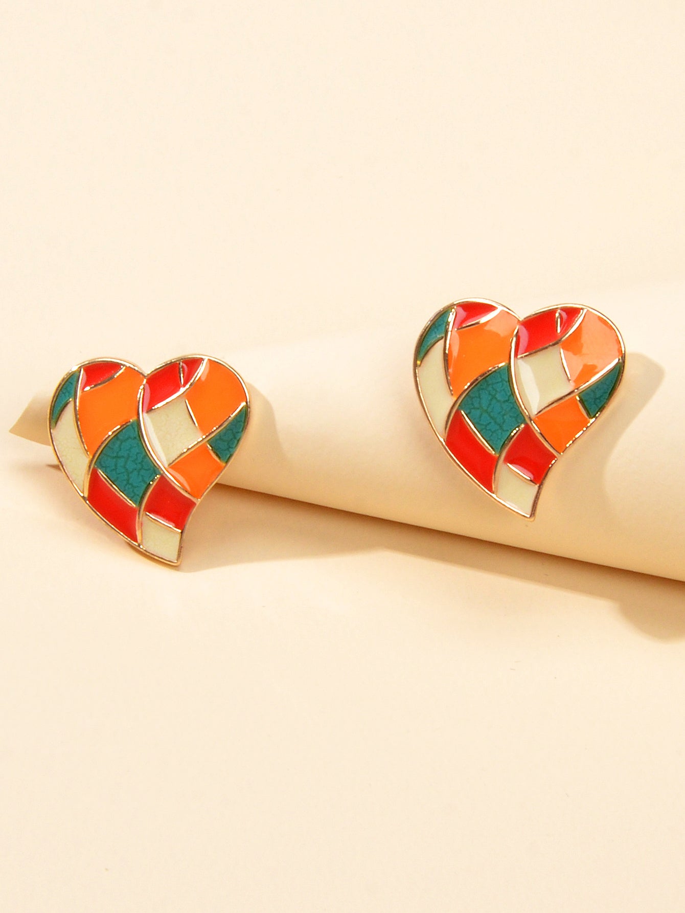 Candy Color Enamel Checkerboard Love Heart Stud Earrings Retro Trendy Accessory-2