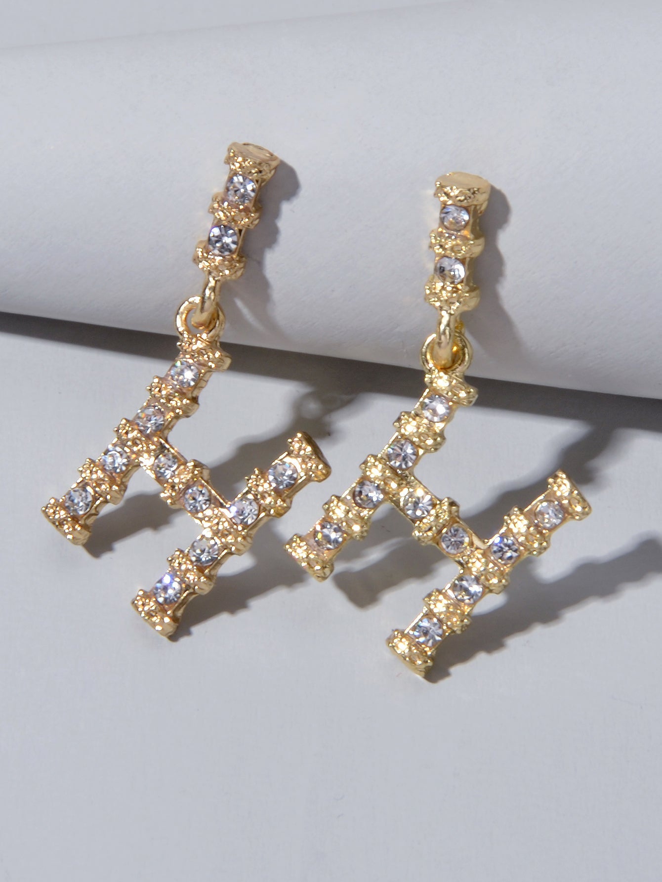 Textured Full Faux Cubic Zirconia Luxury Gold Letter Dangle Earrings for Women-2