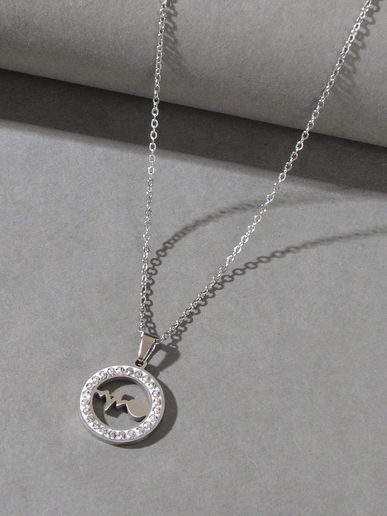 Silver Stainless Steel Rhinestone Decoration Circle Electrocardiogram Necklace-2