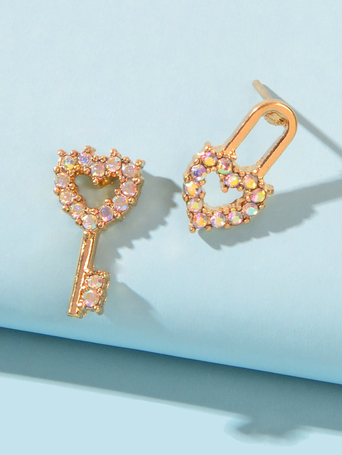 Asymmetrical Design Gold Plated Heart Key Lock Stud Earrings Women Dainty Gifts-2