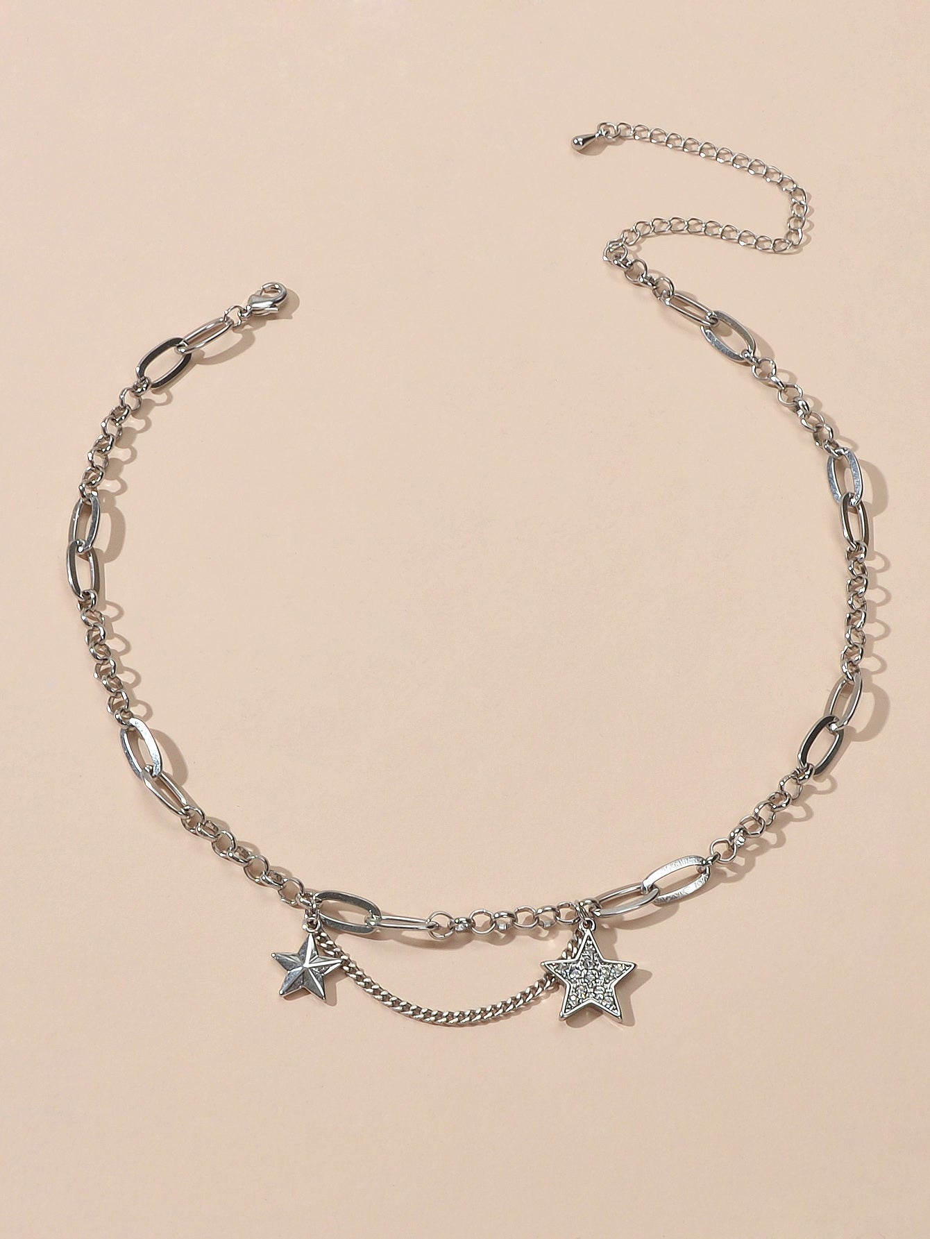 Retro Silver Trendy Paperclip Chain Rhinestone Star Charm Short Collar Necklace-0