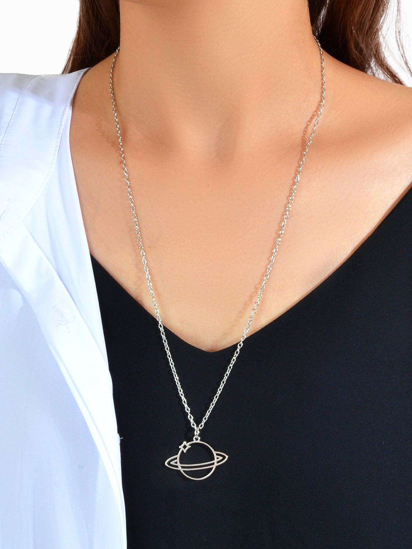 Trendy Jewellery Silver Long Chain Space Planet Charm Necklace Accessories Gift-2
