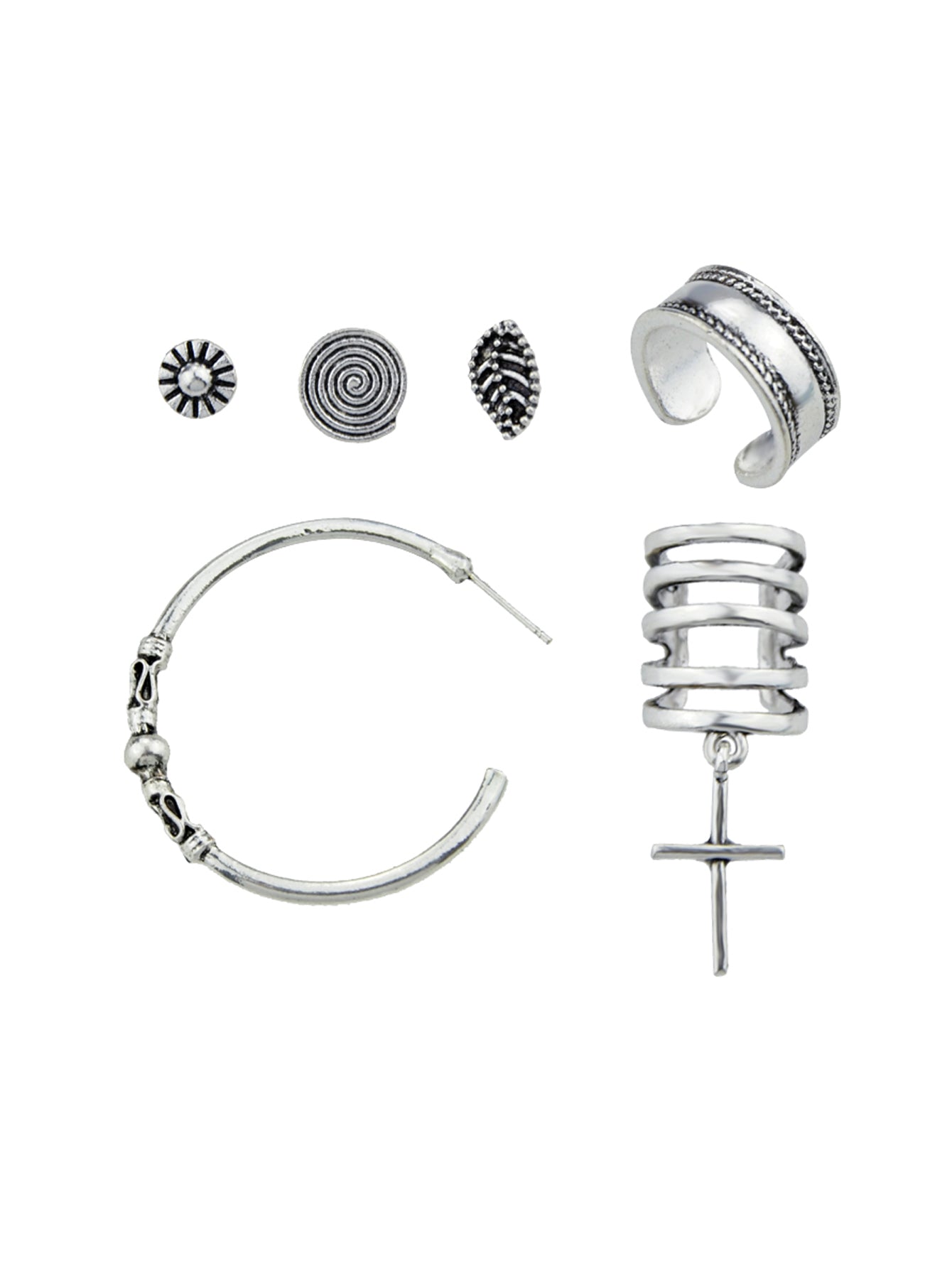 6 pcs Tribal Ethnic Antique Circle Cross Oxidized Intricate Hoop Stud Ear Cuff-2