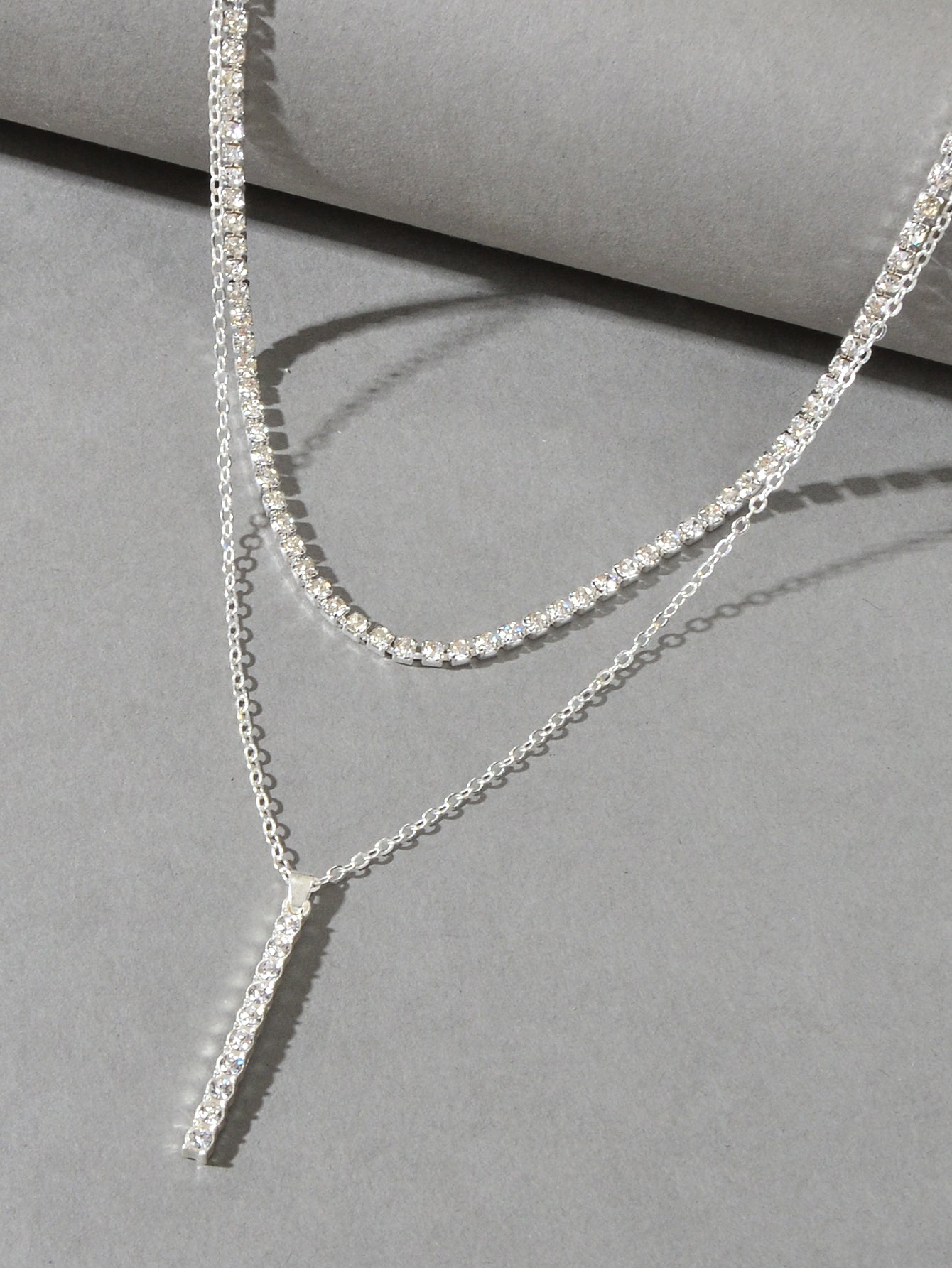 Trendy Shining Full Rhinestone Gold Silver Double layer Chain Bar Charm Necklace-2