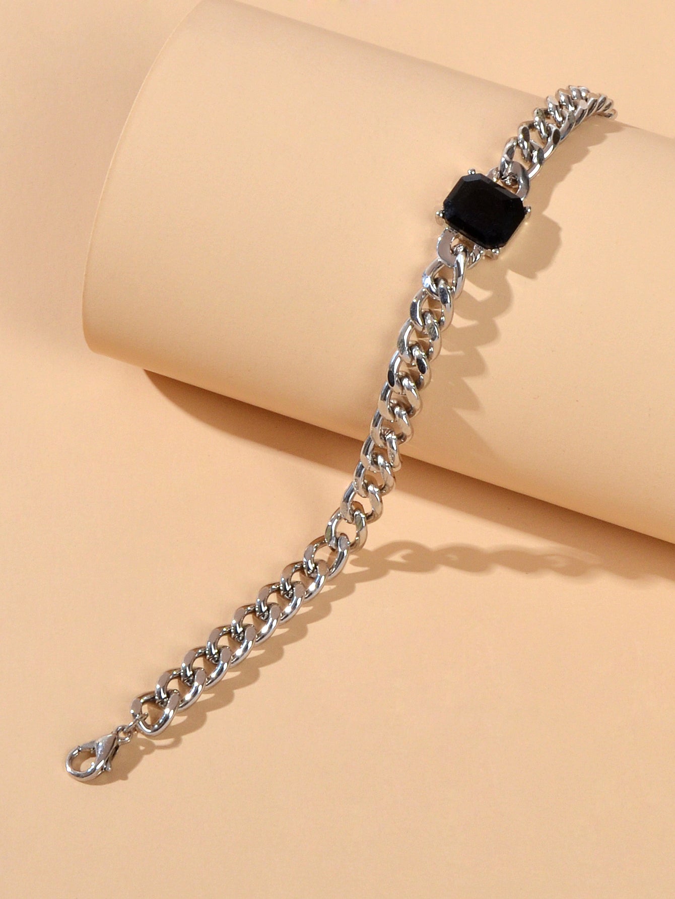 Cool Women Accessories Black Acrylic Crude Silver Metal Link Chain Bracelet Gift-3