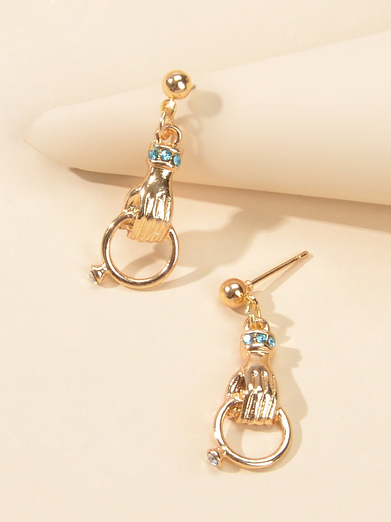 Unique Design Metal Rhinestone Decor Hand with Ring Earrings Women Dainty Gift-2