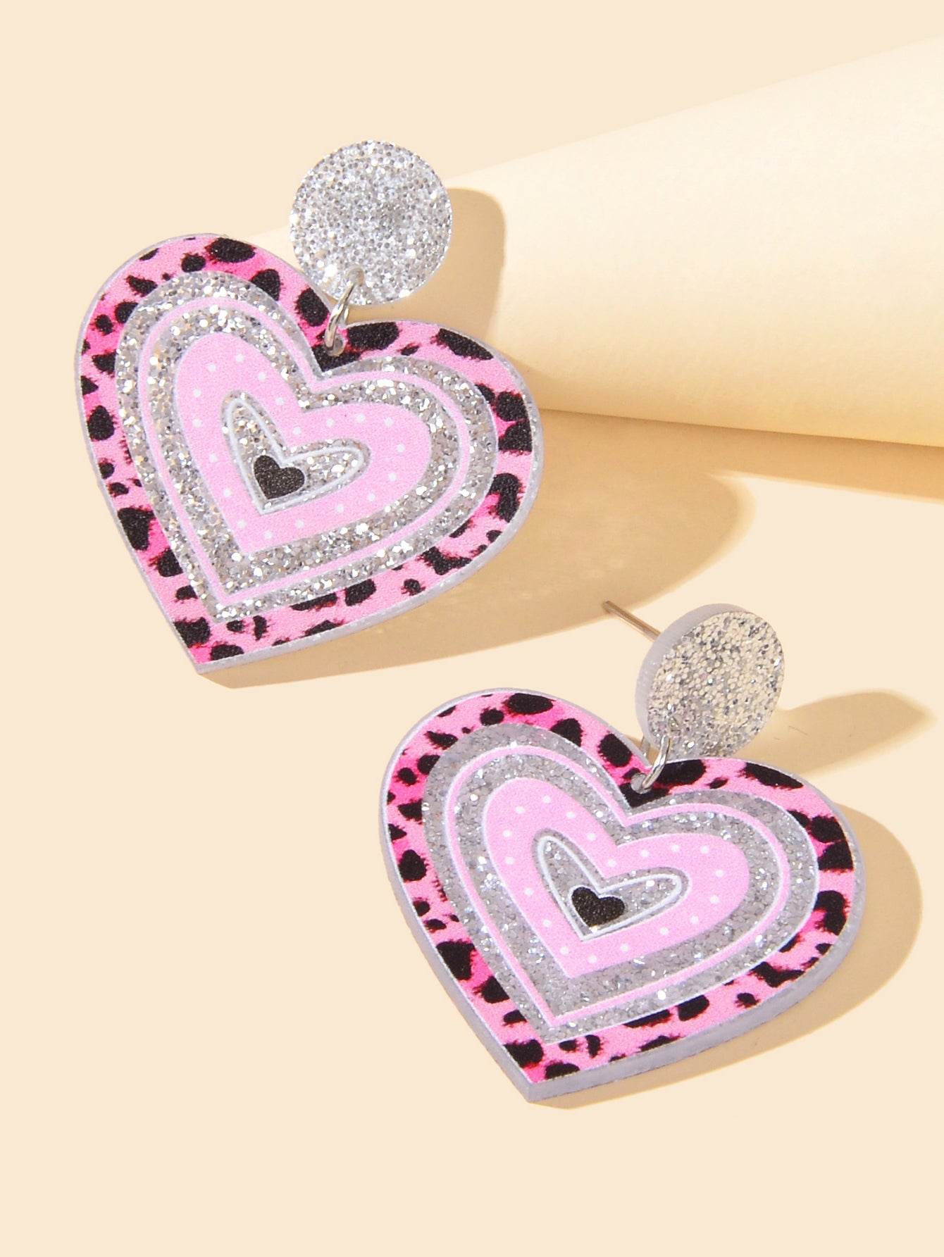 Acrylic Pink Leopard Heart Hanging Resin Chunky Earrings for Party or Vacation-2