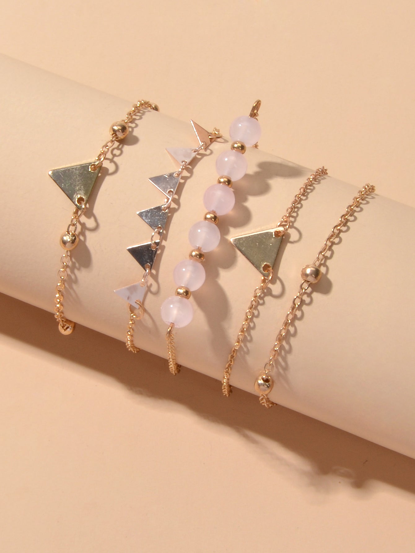 5pcs Gold Color Chain Pink Beads Triangle Decor Bracelet set Boho Chic Jewellery-2
