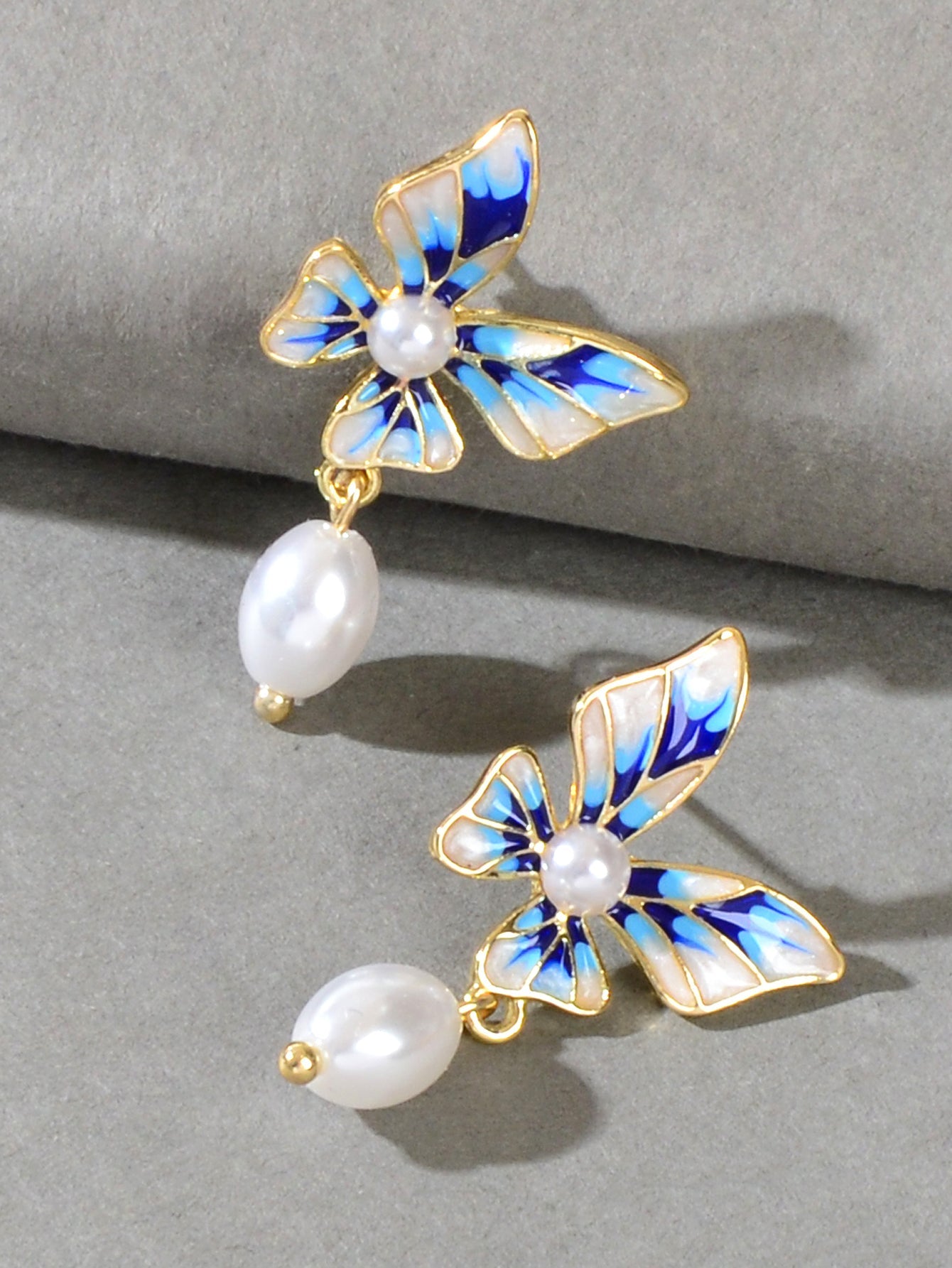 Trendy Dangle Pearl Blue White Enamel Butterfly Hypoallergenic Pierced Earrings-2