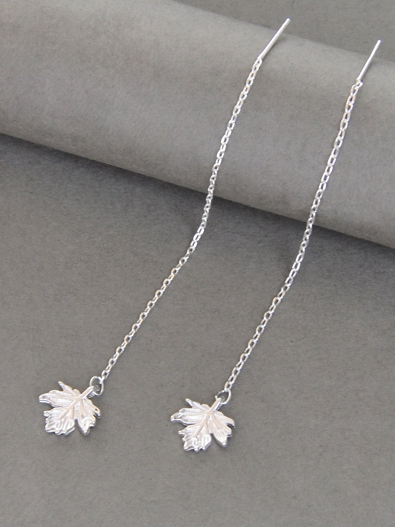Minimalist Silver Tassel Maple Leaf Long Chain Threader Dangle Earrings Ear Line-2