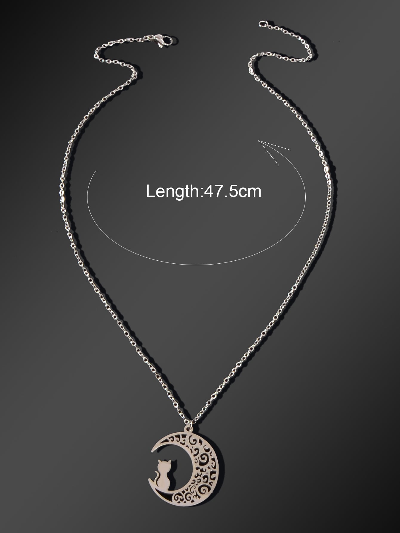 Party Jewelry Gift Silver Chain Stainless Steel Hollow Moon Cat Pendant Necklace-2